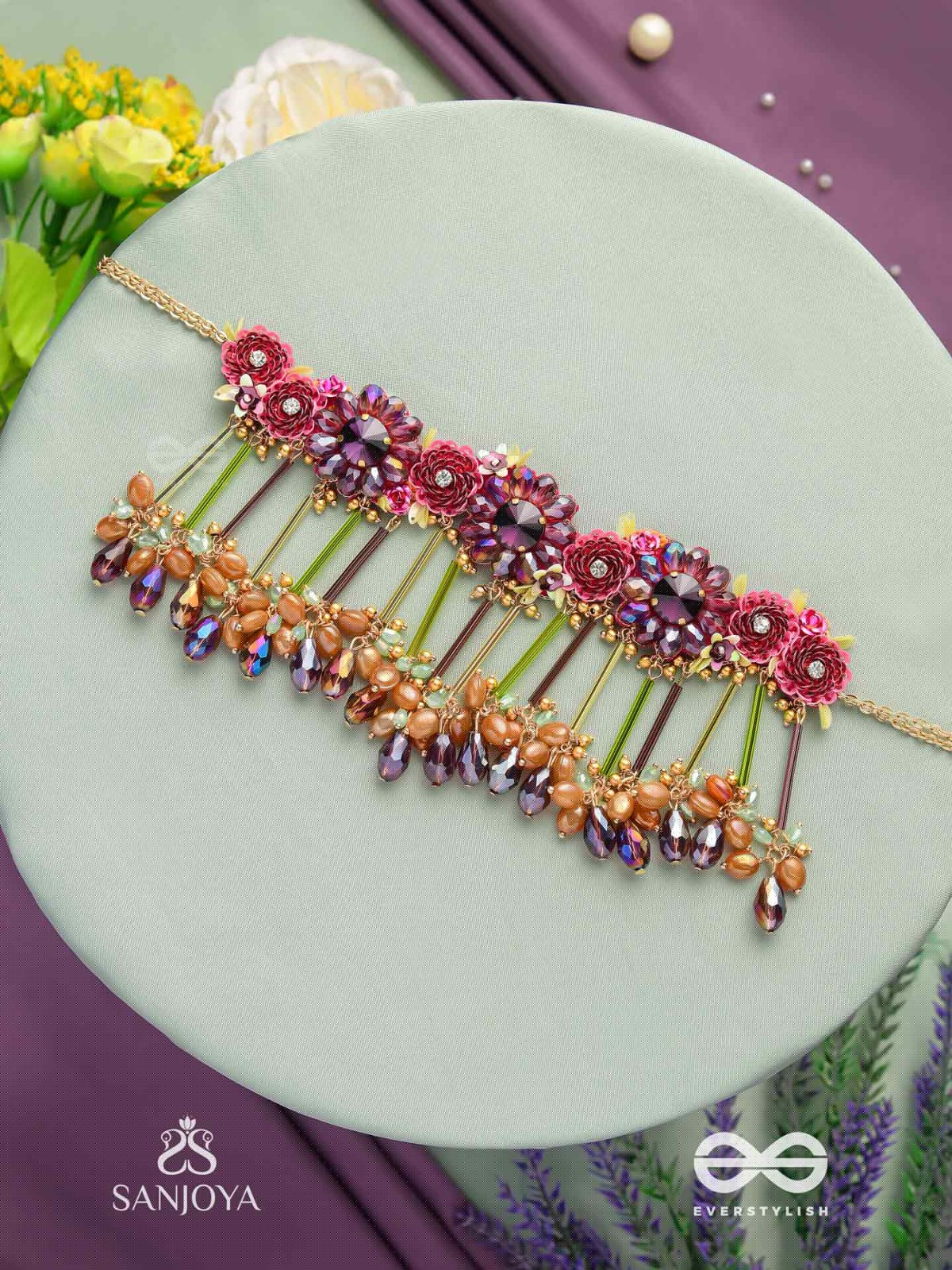 VARNAMALA ABHUSHANA - ADORNMENT OF COLORS - FLORAL MOTIFS, BEADWORK, GLASS DROPS WITH GOLDEN DETAILING CHOKER NECKPIECE