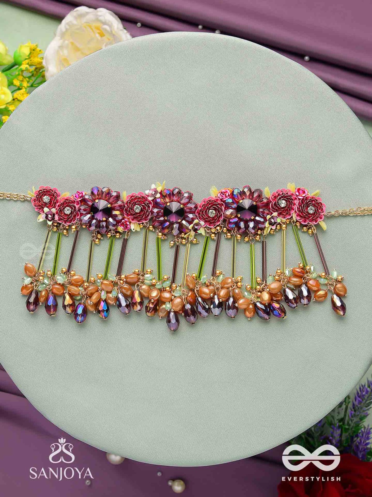 VARNAMALA ABHUSHANA - ADORNMENT OF COLORS - FLORAL MOTIFS, BEADWORK, GLASS DROPS WITH GOLDEN DETAILING CHOKER NECKPIECE