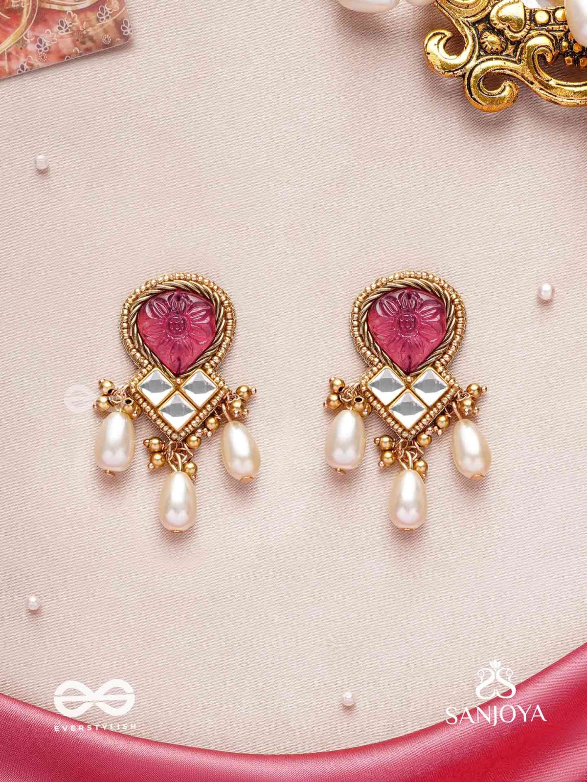 KANAKAVALLI - GOLDEN CREEPER - PEARLS, ENGRAVED STONE CUTDANA AND KUNDAN WORK EARRINGS