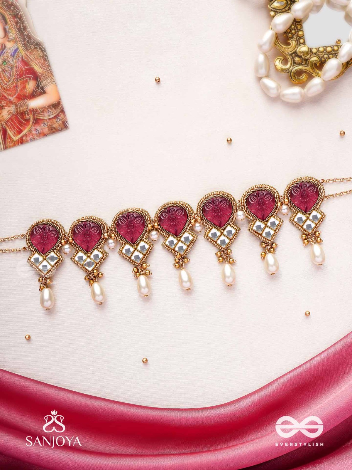 PREMABHUSHANAM - ADORNMENT OF LOVE - RED ENAMEL ON STONES, PEARLS AND KUNDAN DETAILING CHOKER NECKLACE