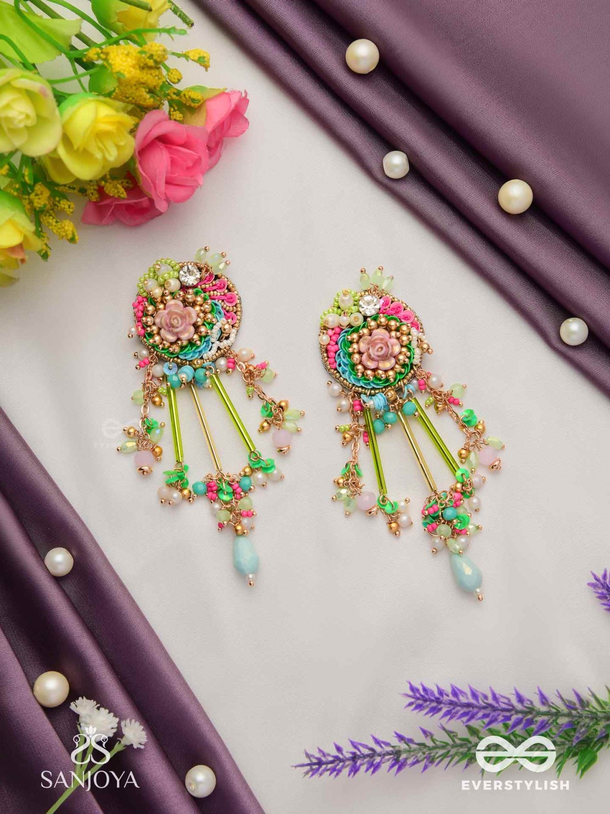 MANJUSUMANA - BEAUTIFUL BLOSSOM - PASTEL COLOR BEADS  AND DETAIL WORK WITH GOLDEN EMBELLISHMENT EARRINGS