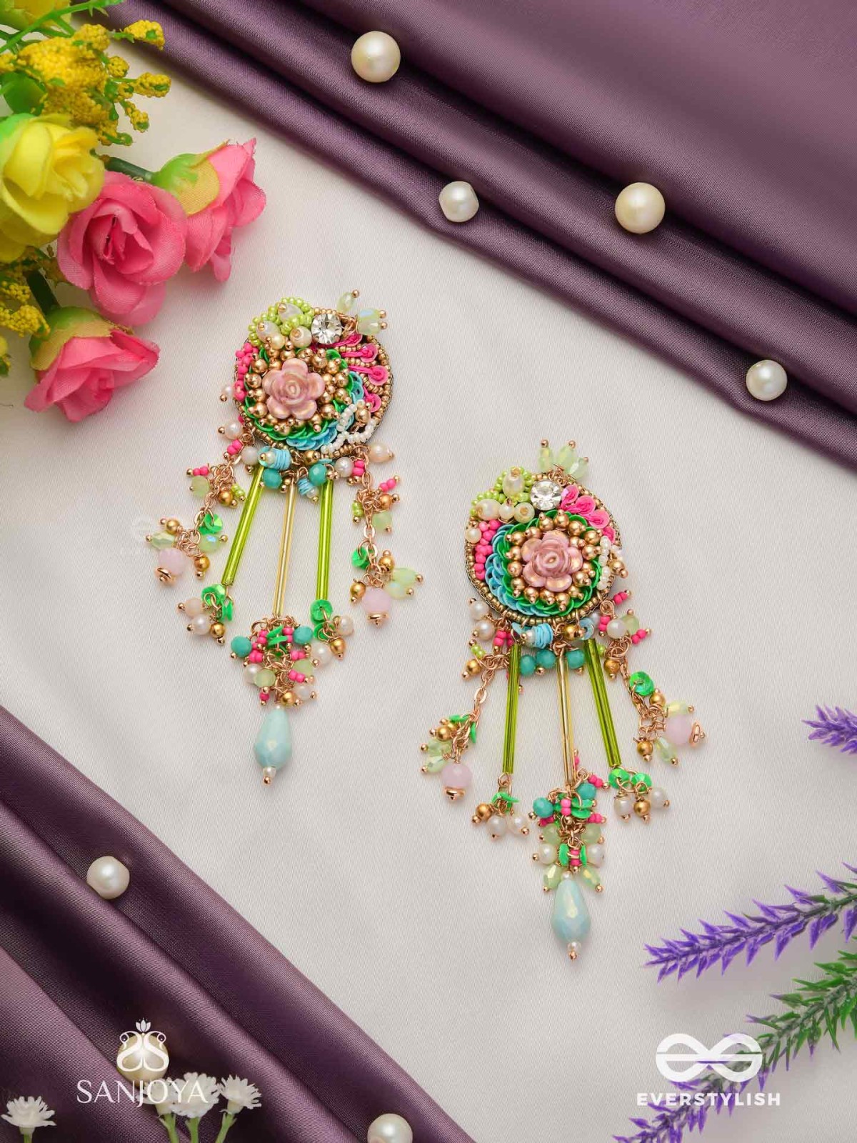 MANJUSUMANA - BEAUTIFUL BLOSSOM - PASTEL COLOR BEADS  AND DETAIL WORK WITH GOLDEN EMBELLISHMENT EARRINGS