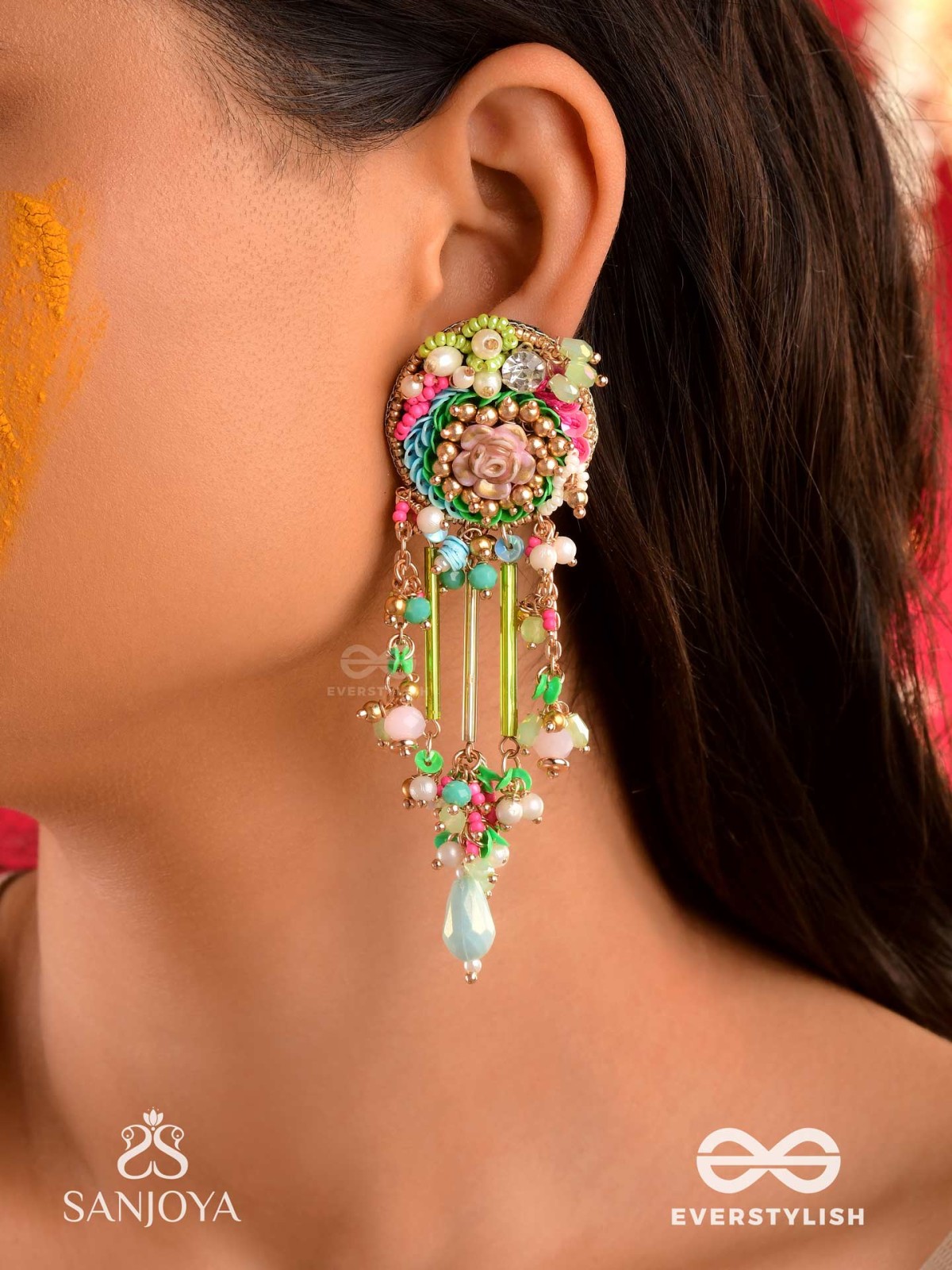 MANJUSUMANA - BEAUTIFUL BLOSSOM - PASTEL COLOR BEADS  AND DETAIL WORK WITH GOLDEN EMBELLISHMENT EARRINGS