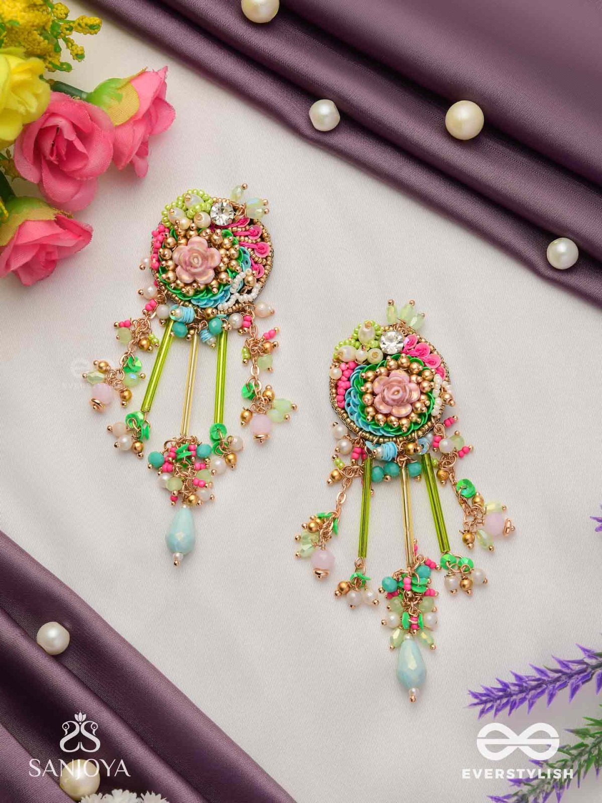 MANJUSUMANA - BEAUTIFUL BLOSSOM - PASTEL COLOR BEADS  AND DETAIL WORK WITH GOLDEN EMBELLISHMENT EARRINGS