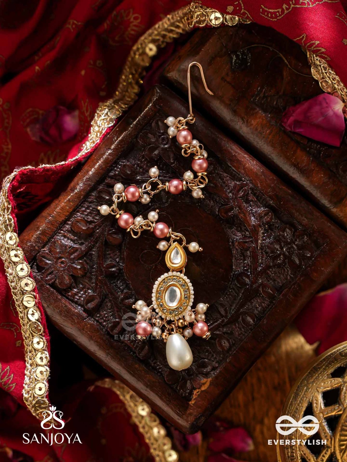 DIVYAMUKUTA - DIVINE ORNAMENT - PEARLS AND BEADS HAND EMBROIDERED MAANG TIKA (PINK & WHITE)