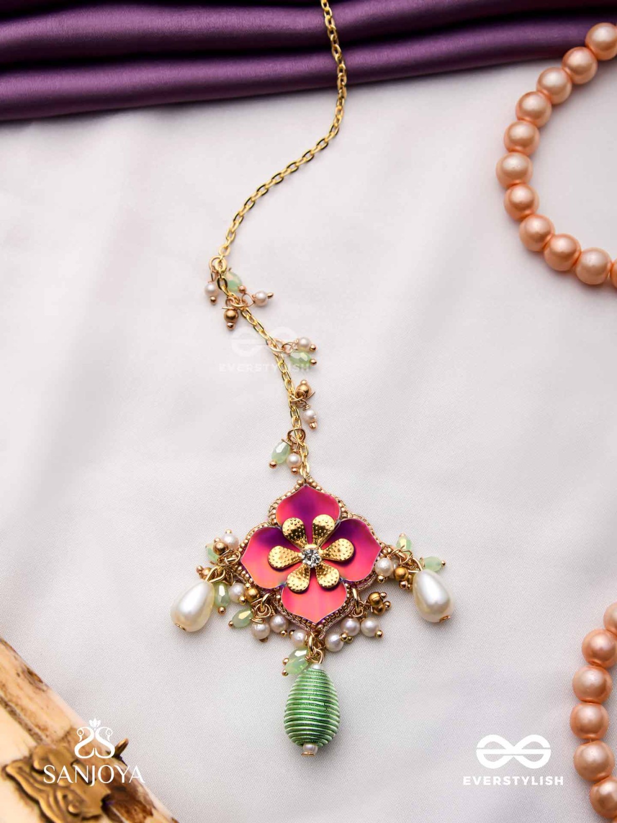 RANGOLIKA - A CANVAS OF COLORS - ENAMEL FLOWER, PEARLS AND GLASS DROPS  HAND EMBROIDERD MAANGTIKA 