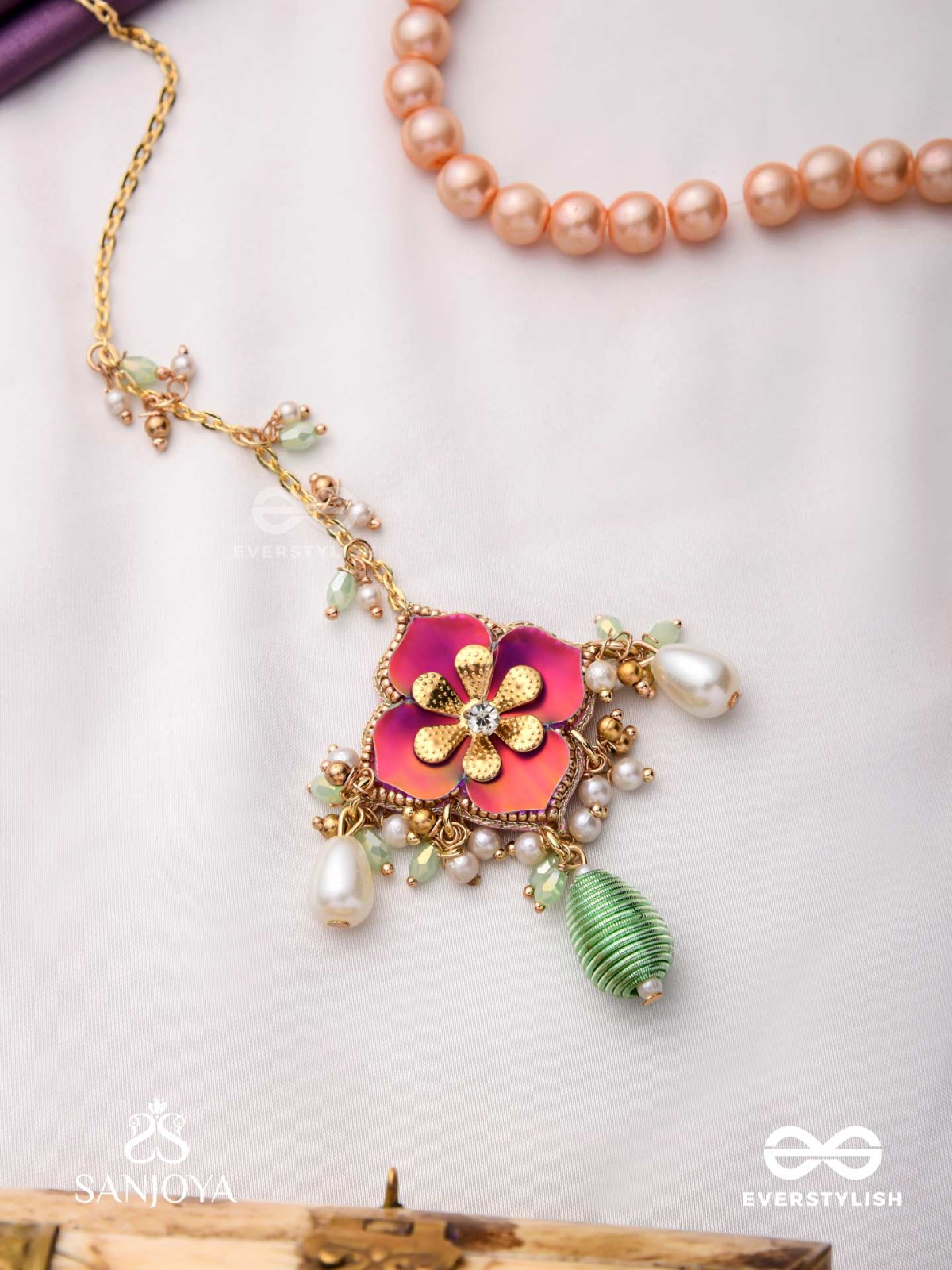 RANGOLIKA - A CANVAS OF COLORS - ENAMEL FLOWER, PEARLS AND GLASS DROPS  HAND EMBROIDERD MAANGTIKA 