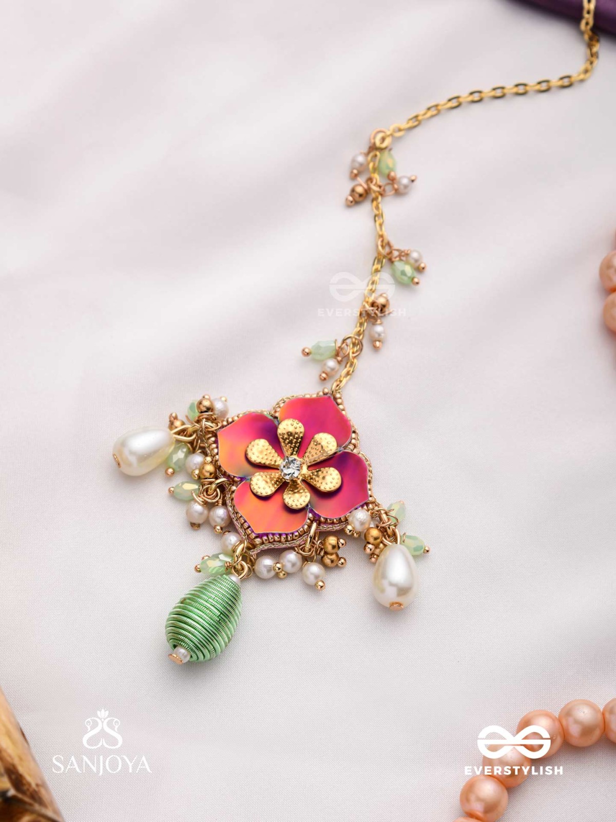 RANGOLIKA - A CANVAS OF COLORS - ENAMEL FLOWER, PEARLS AND GLASS DROPS  HAND EMBROIDERD MAANGTIKA 