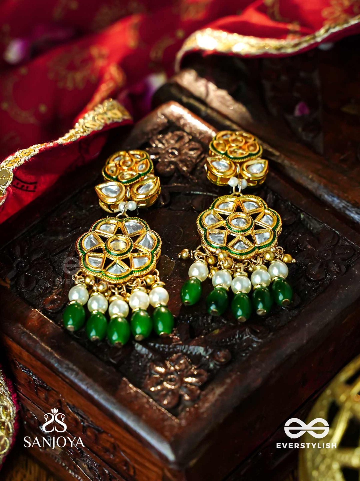 PARNAPRIYA - LOVER OF LEAVES - FLORAL KUNDAN DESIGN WITH GREEN BEADS AND PEARL DROPS  HAND EMBROIDERD EARRINGS 