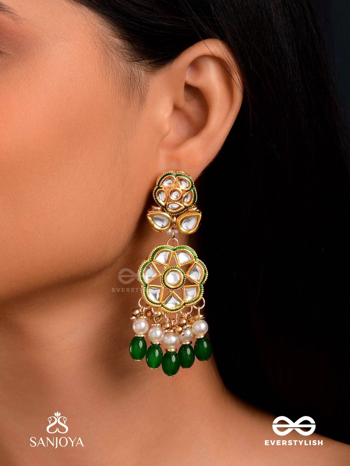 PARNAPRIYA - LOVER OF LEAVES - FLORAL KUNDAN DESIGN WITH GREEN BEADS AND PEARL DROPS  HAND EMBROIDERD EARRINGS 