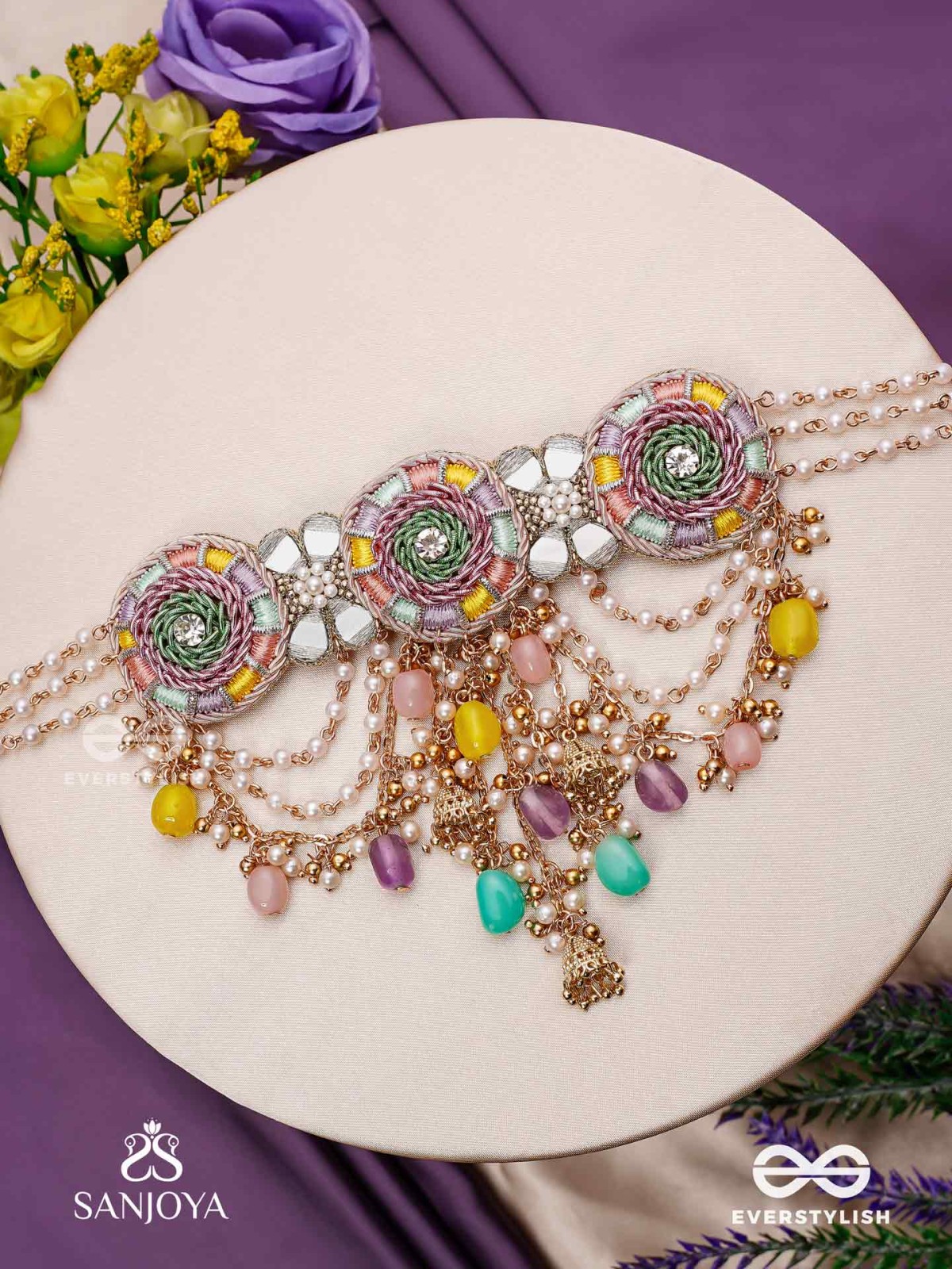 RANGVATI - FULL OF COLORS - EXQUISITE MULTI-HUED CHOKER WITH PEARL AND CRYSTAL EMBELLISHMENTS