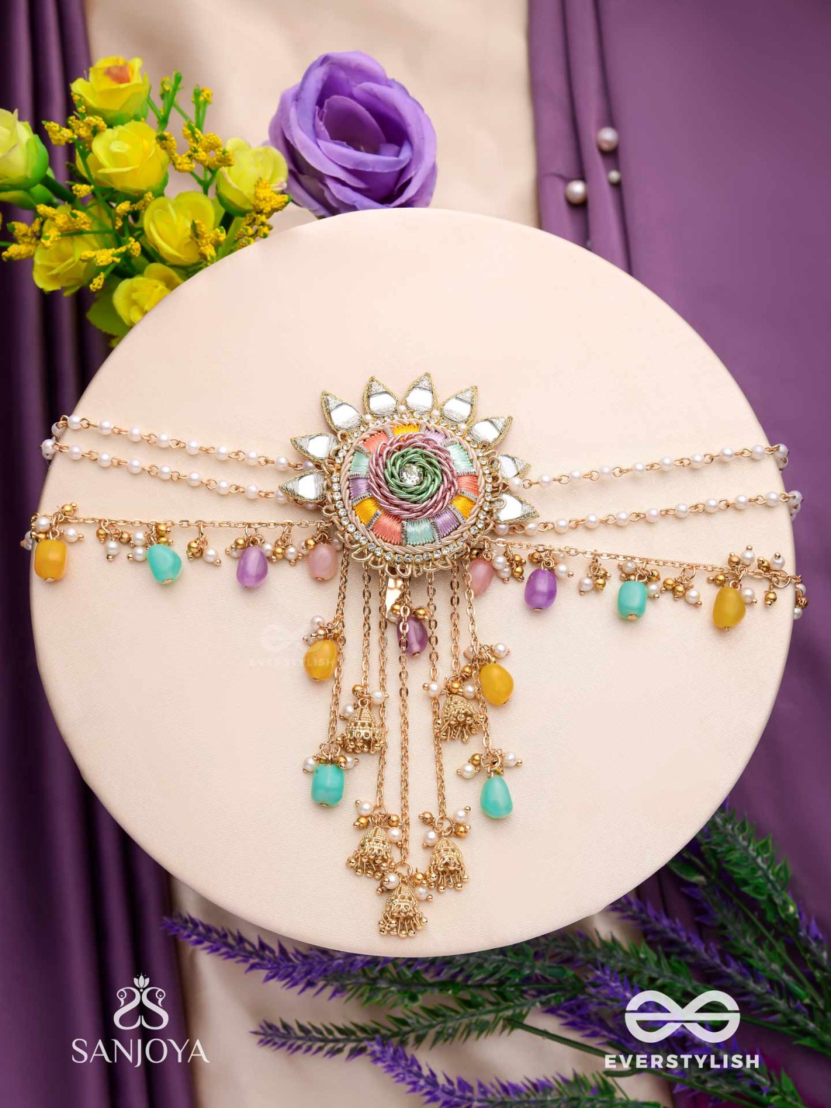 RANGVATI - FULL OF COLORS - EMBROIDERED MIRROR WORK HAIR ACCESSORY WITH MULTI-COLORED BEADS AND GOLDEN CHAINS