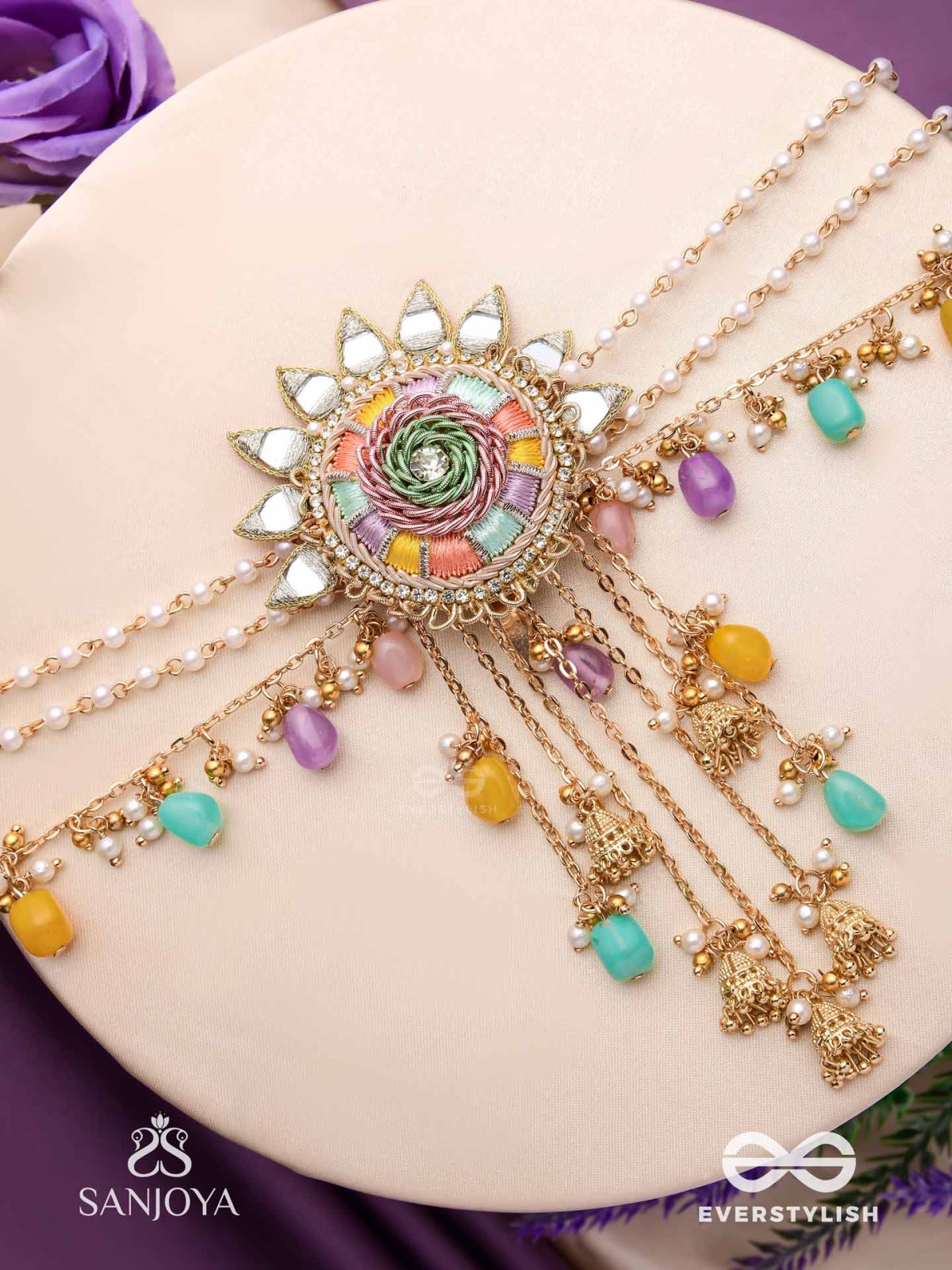 RANGVATI - FULL OF COLORS - EMBROIDERED MIRROR WORK HAIR ACCESSORY WITH MULTI-COLORED BEADS AND GOLDEN CHAINS