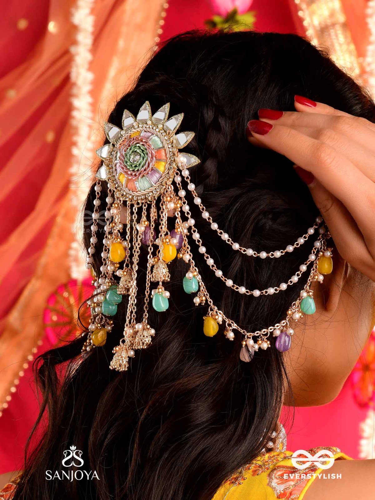 RANGVATI - FULL OF COLORS - EMBROIDERED MIRROR WORK HAIR ACCESSORY WITH MULTI-COLORED BEADS AND GOLDEN CHAINS