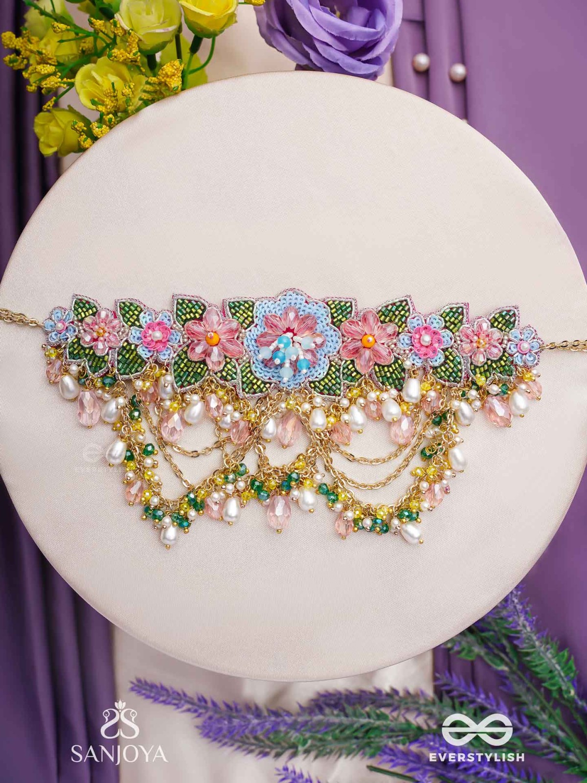 MADHUVRATA - SPRING BLOOM - DELICATE EMBROIDERED CHOKER WITH FLORAL MOTIFS, BEADS AND PEARL DROPS