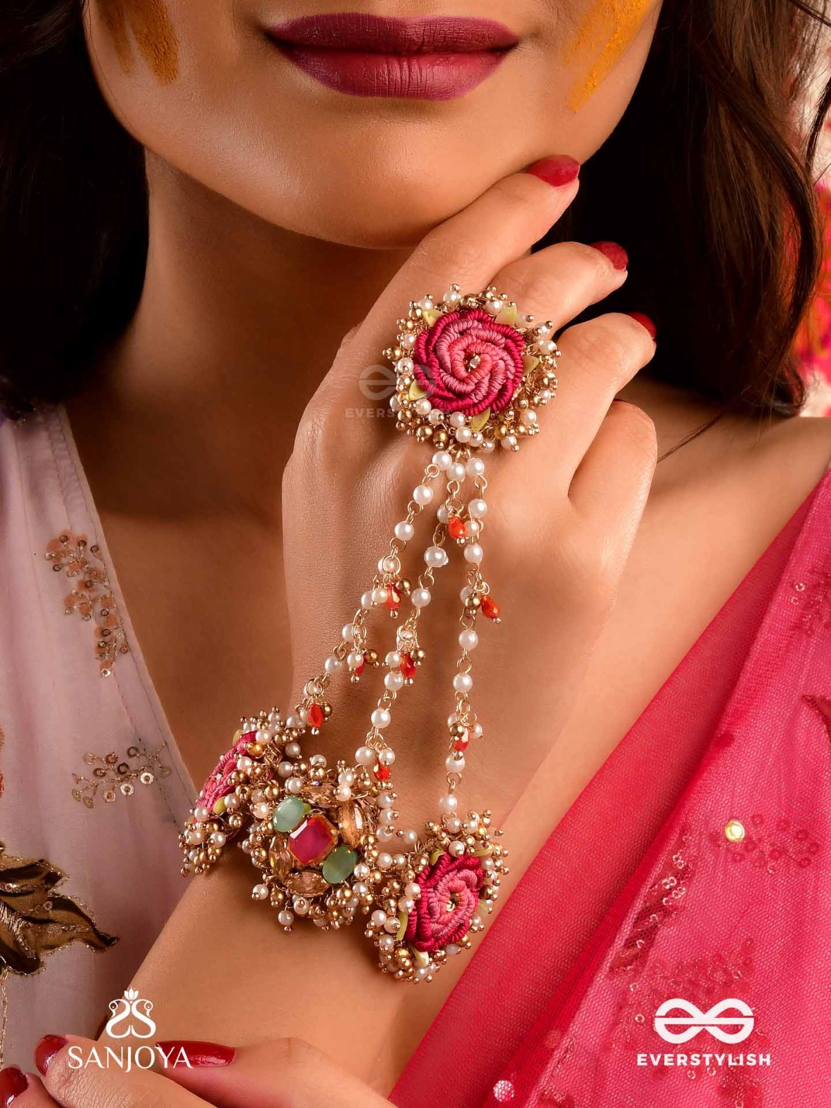 GULRATNA - JEWEL OF ROSES - HANDCRAFTED ROSE HAATHPHOOL WITH BEADED FRINGES, PEARLS AND GEM DETAILS