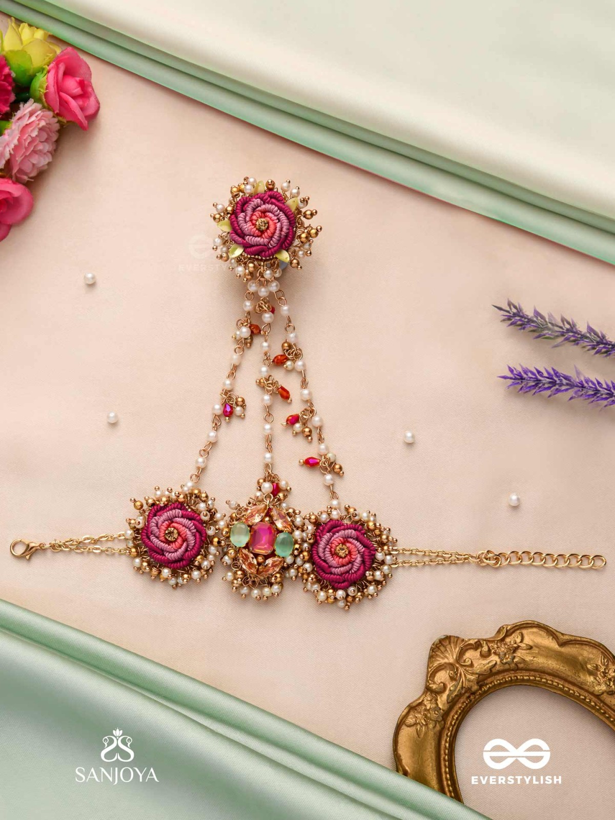 GULRATNA - JEWEL OF ROSES - HANDCRAFTED ROSE HAATHPHOOL WITH BEADED FRINGES, PEARLS AND GEM DETAILS