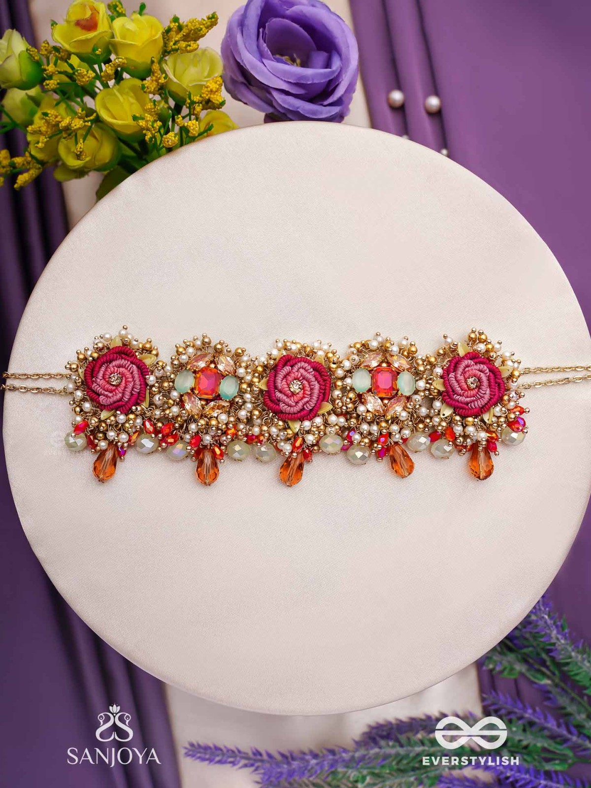 GULRATNA - JEWEL OF ROSES - HANDCRAFTED ROSE CHOKER WITH BEADED FRINGES, PEARLS AND GEM DETAILS