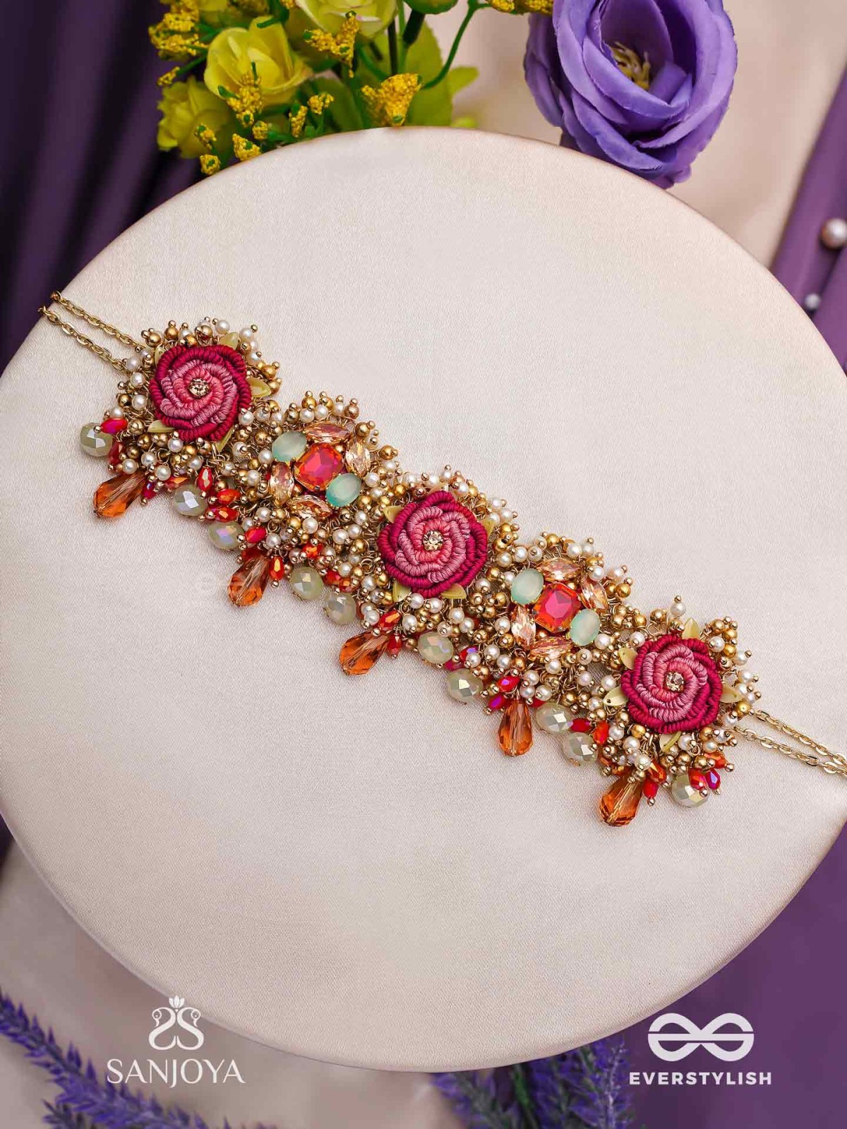 GULRATNA - JEWEL OF ROSES - HANDCRAFTED ROSE CHOKER WITH BEADED FRINGES, PEARLS AND GEM DETAILS