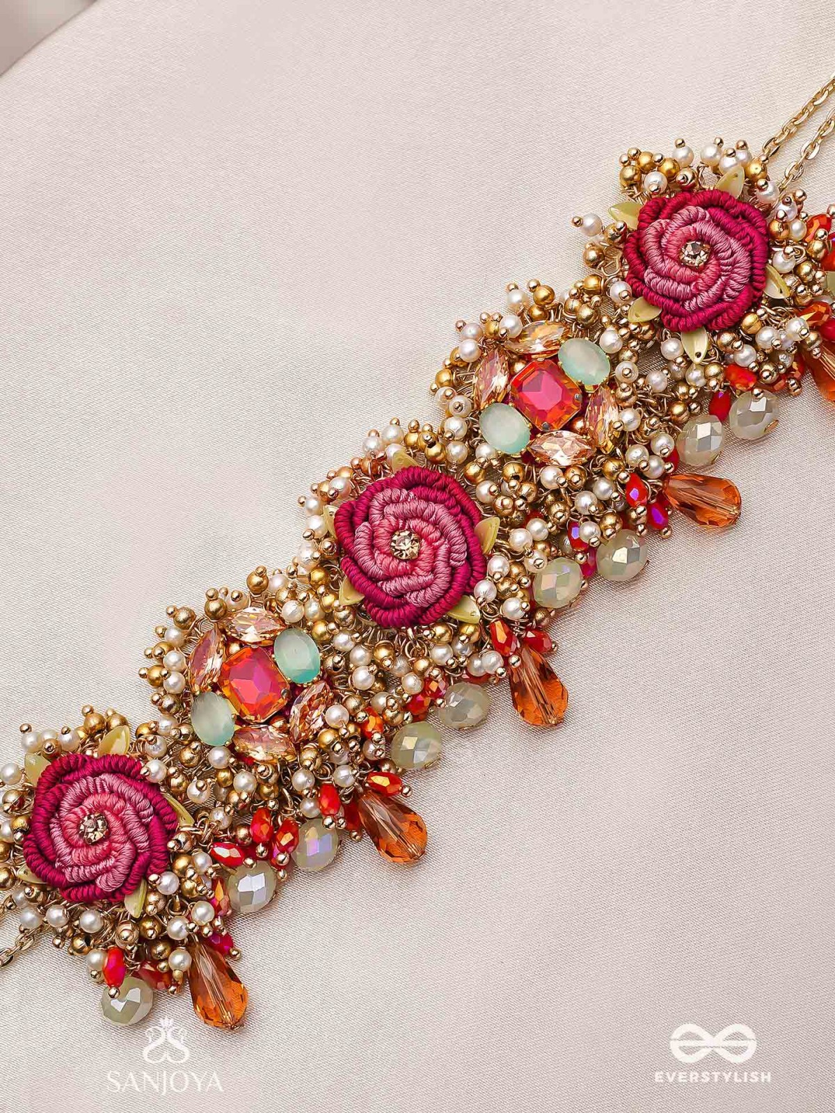 GULRATNA - JEWEL OF ROSES - HANDCRAFTED ROSE CHOKER WITH BEADED FRINGES, PEARLS AND GEM DETAILS