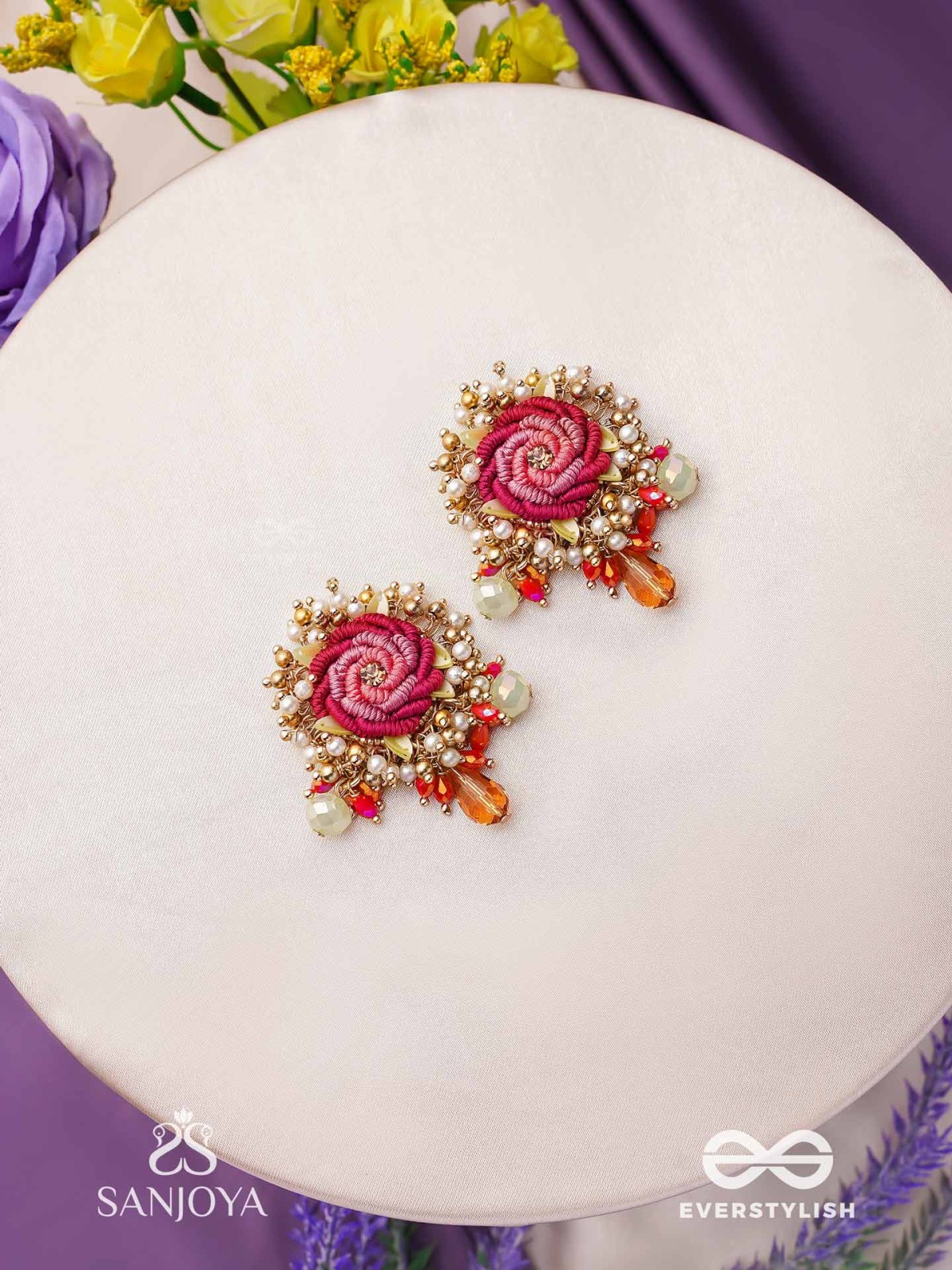 GULRATNA - JEWEL OF ROSES - HANDCRAFTED ROSE EARRINGS WITH BEADED FRINGES, PEARLS AND GEM DETAILS