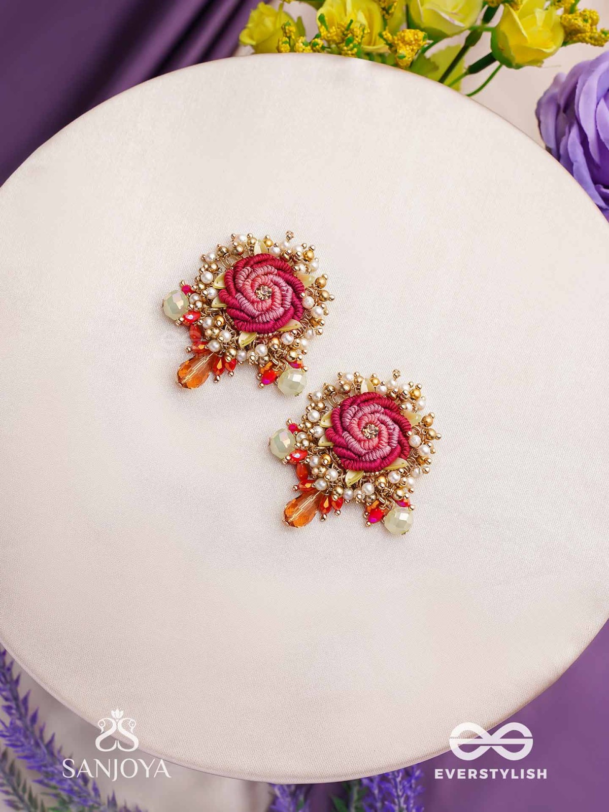 GULRATNA - JEWEL OF ROSES - HANDCRAFTED ROSE EARRINGS WITH BEADED FRINGES, PEARLS AND GEM DETAILS