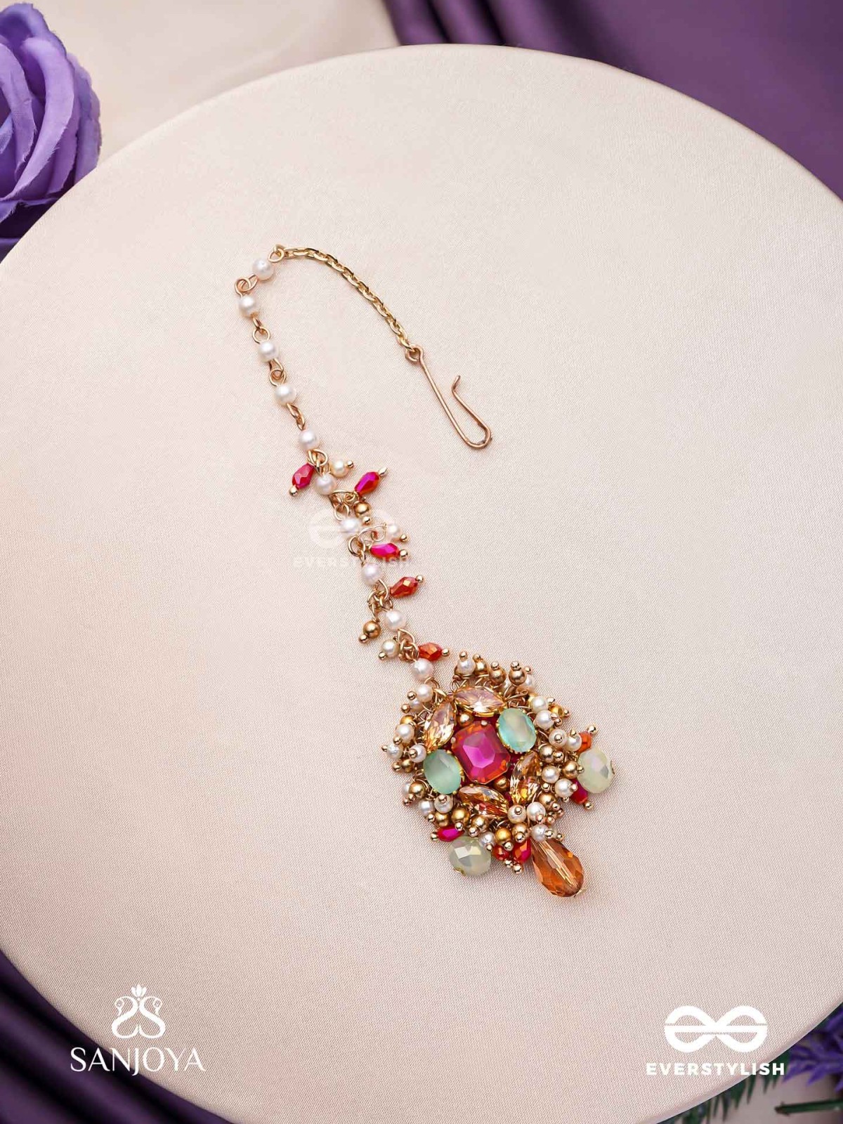 GULRATNA - JEWEL OF ROSES - HANDCRAFTED ROSE MAANGTIKA WITH BEADED FRINGES, PEARLS AND GEM DETAILS