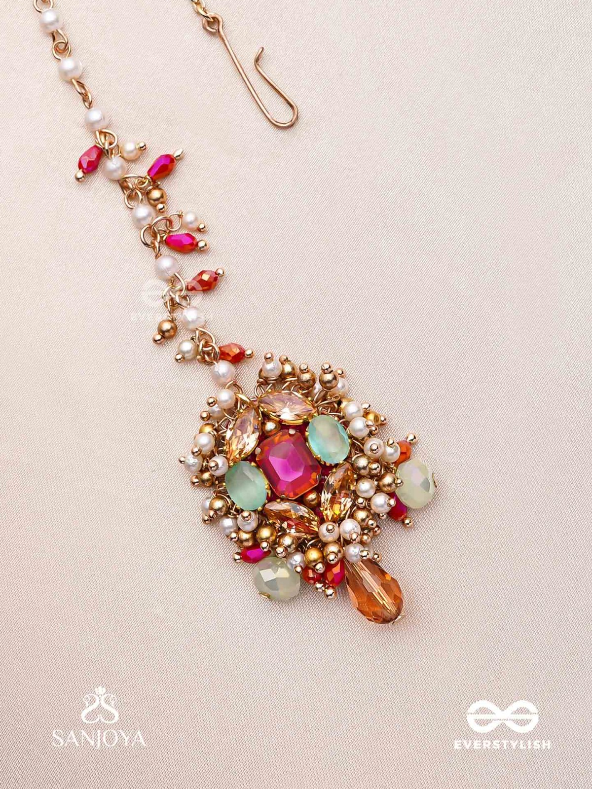 GULRATNA - JEWEL OF ROSES - HANDCRAFTED ROSE MAANGTIKA WITH BEADED FRINGES, PEARLS AND GEM DETAILS