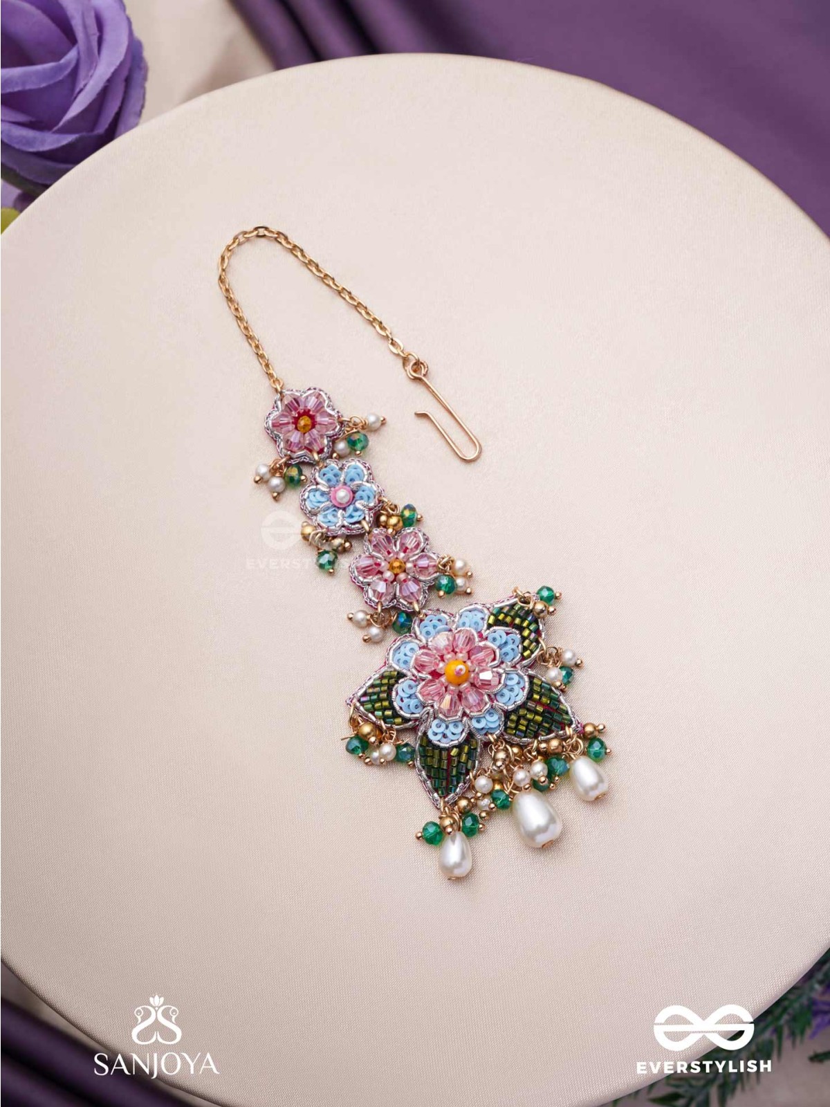 MADHUVRATA - SPRING BLOOM - DELICATE EMBROIDERED MAANGTIKA WITH FLORAL MOTIFS, BEADS AND PEARL DROPS