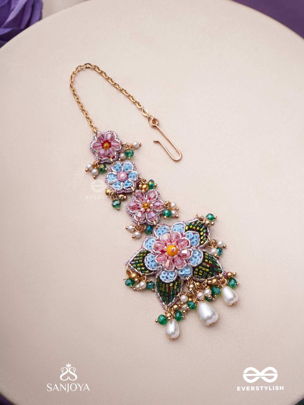 MADHUVRATA - SPRING BLOOM - DELICATE EMBROIDERED MAANGTIKA WITH FLORAL MOTIFS, BEADS AND PEARL DROPS