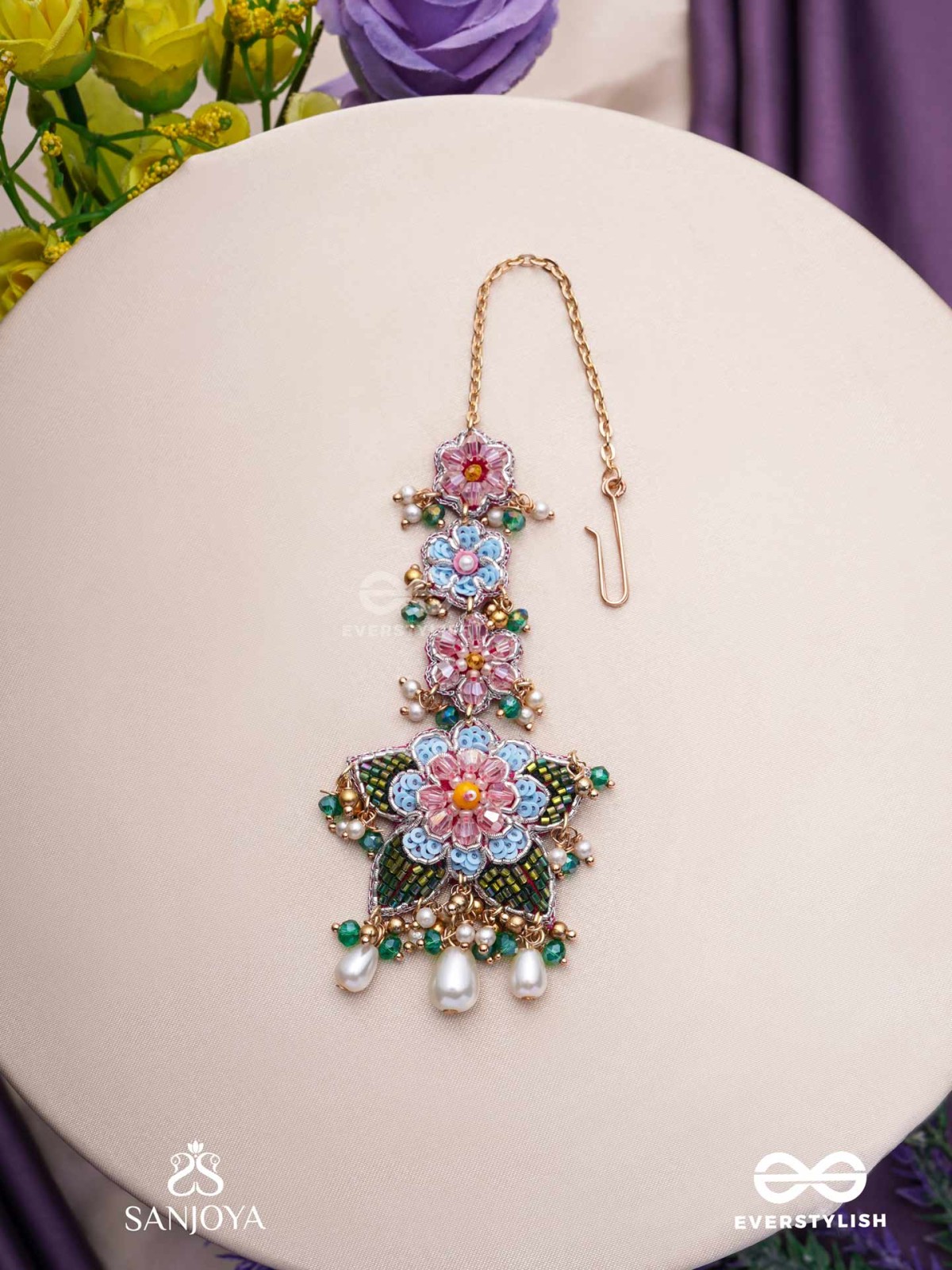 MADHUVRATA - SPRING BLOOM - DELICATE EMBROIDERED MAANGTIKA WITH FLORAL MOTIFS, BEADS AND PEARL DROPS