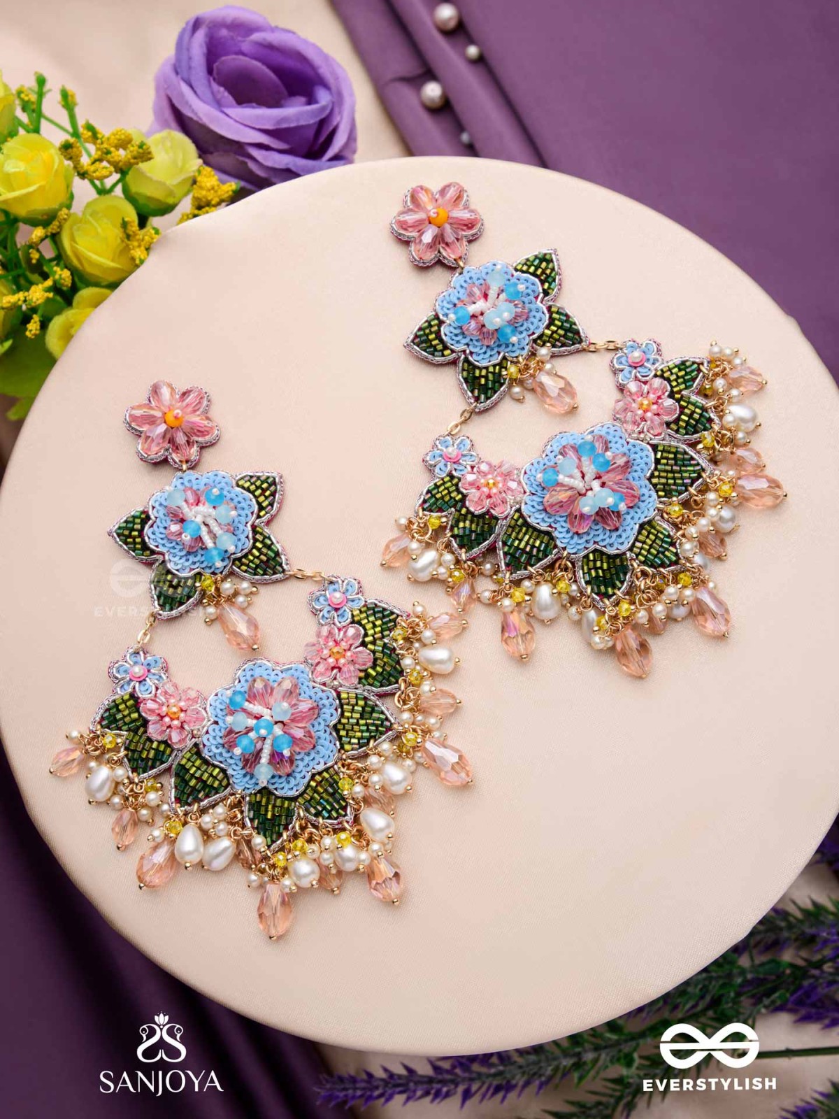 MADHUVRATA - SPRING BLOOM - DELICATE EMBROIDERED EARRINGS WITH FLORAL MOTIFS, BEADS AND PEARL DROPS