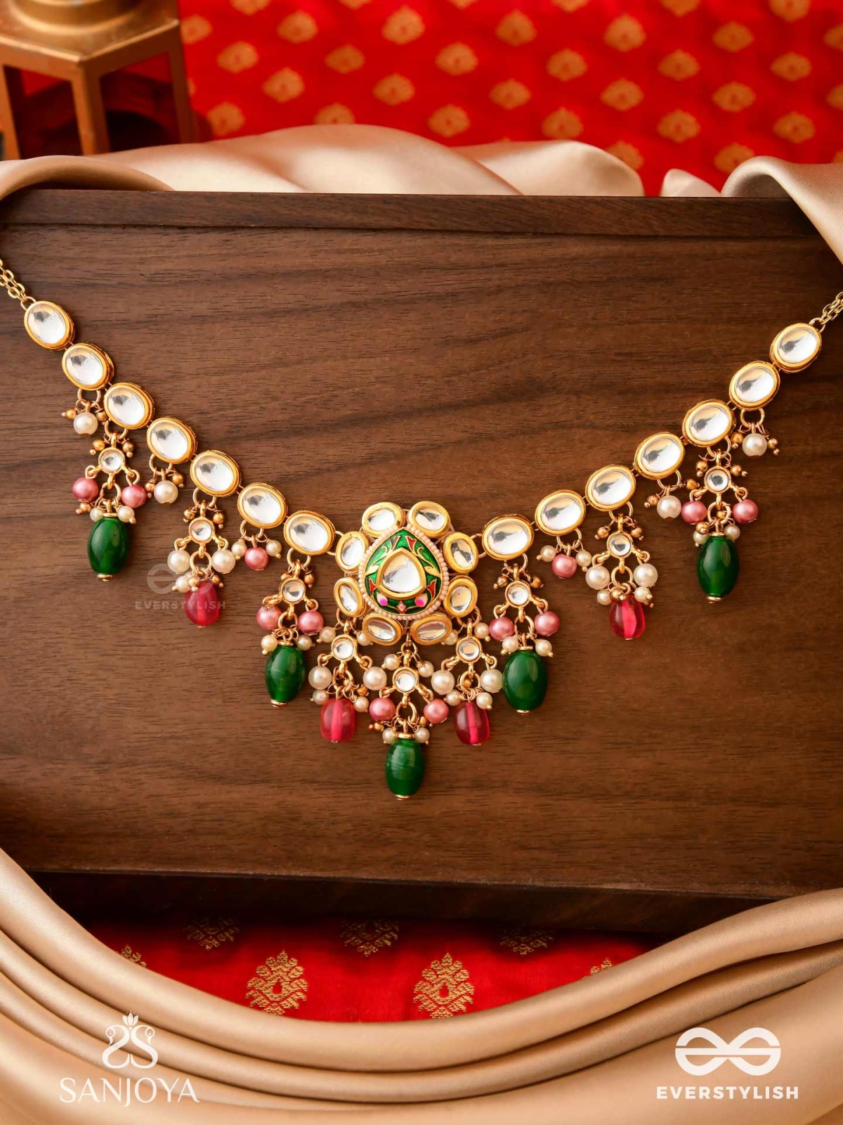 KIRANMALA – GARLAND OF RAYS- EXQUISITE ENAMELLED KUNDAN NECKLACE WITH MULTICOLORED DROPS AND PEARLS