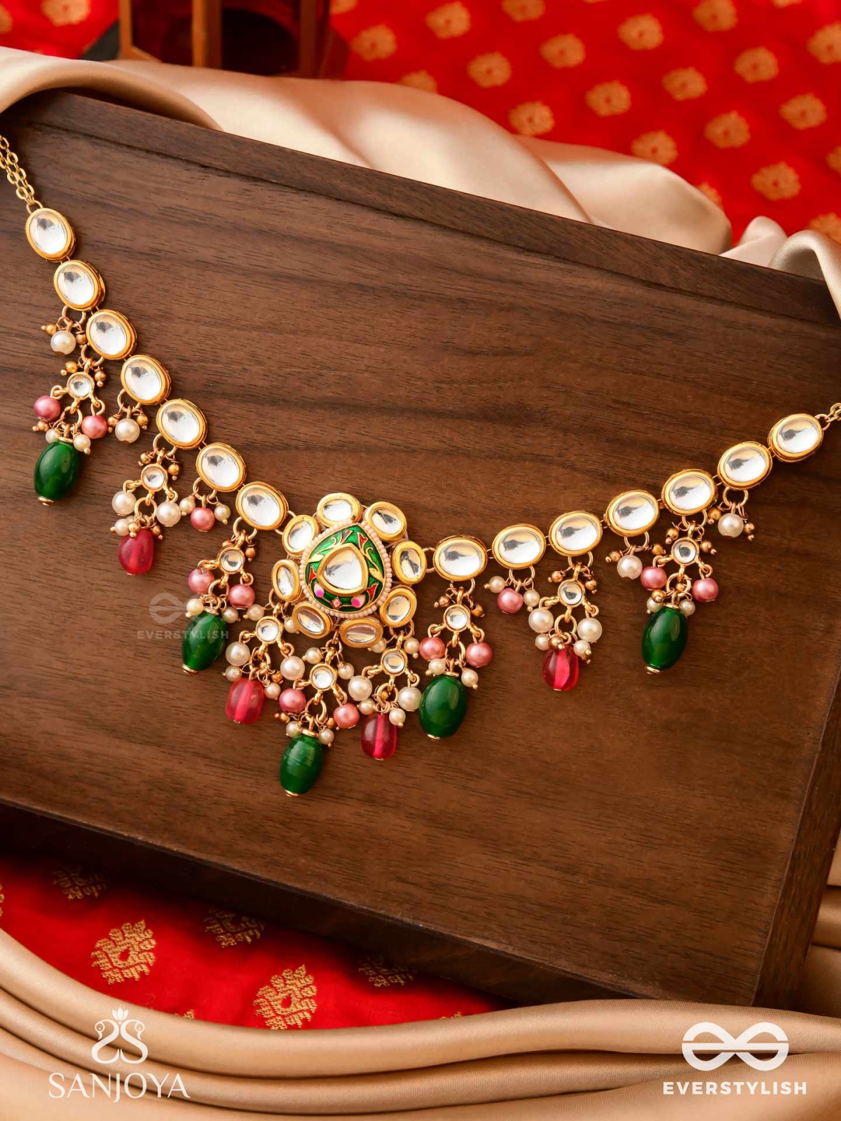 KIRANMALA – GARLAND OF RAYS- EXQUISITE ENAMELLED KUNDAN NECKLACE WITH MULTICOLORED DROPS AND PEARLS