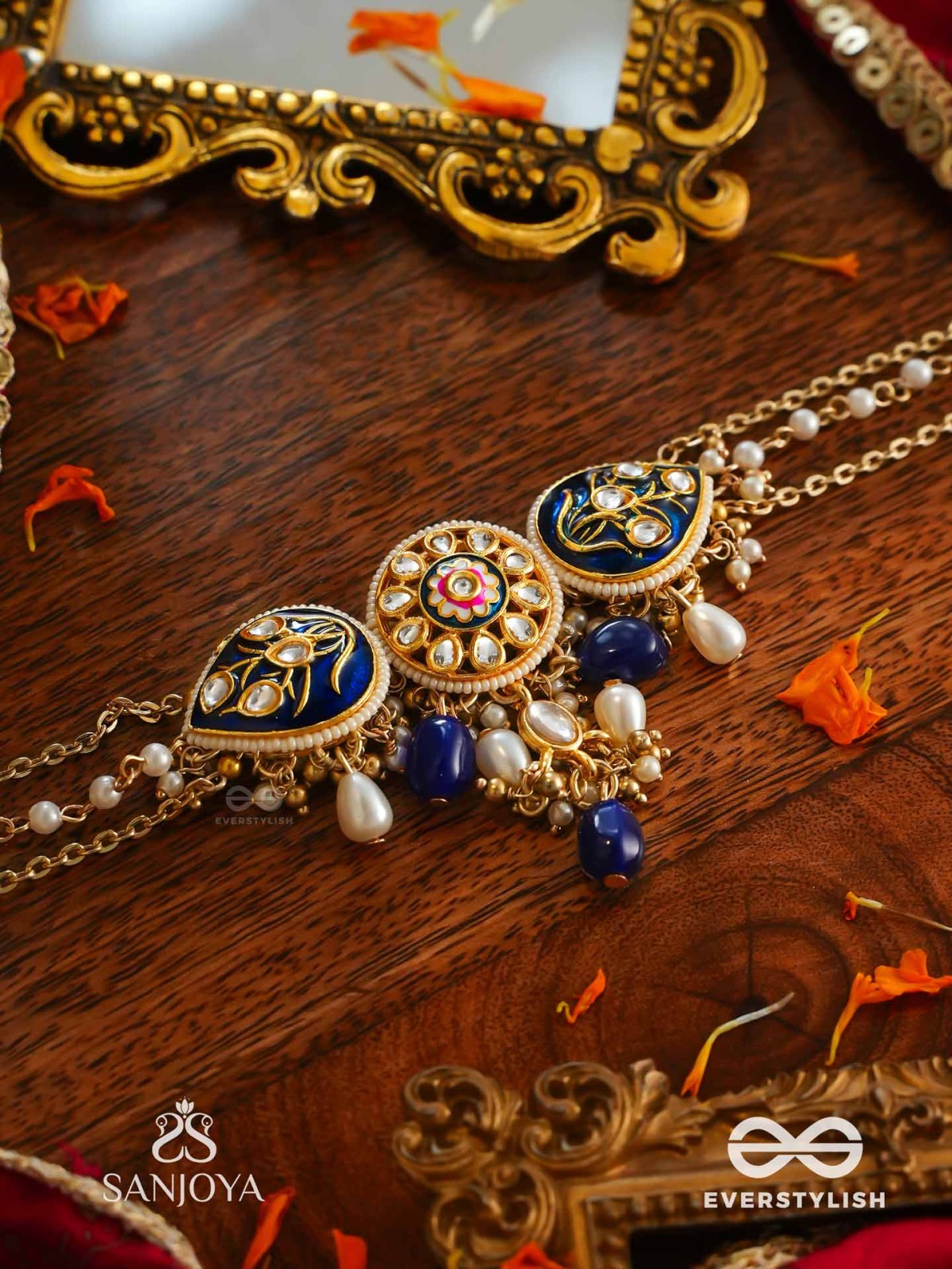 NILACHANDRIKA- MOONLIGHT OF THE BLUE SKY- KUNDAN NECKLACE WITH DEEP BLUE ENAMEL WORK WITH GOLDEN DETAILS, PEARLS, AND DAZZLING GEMS