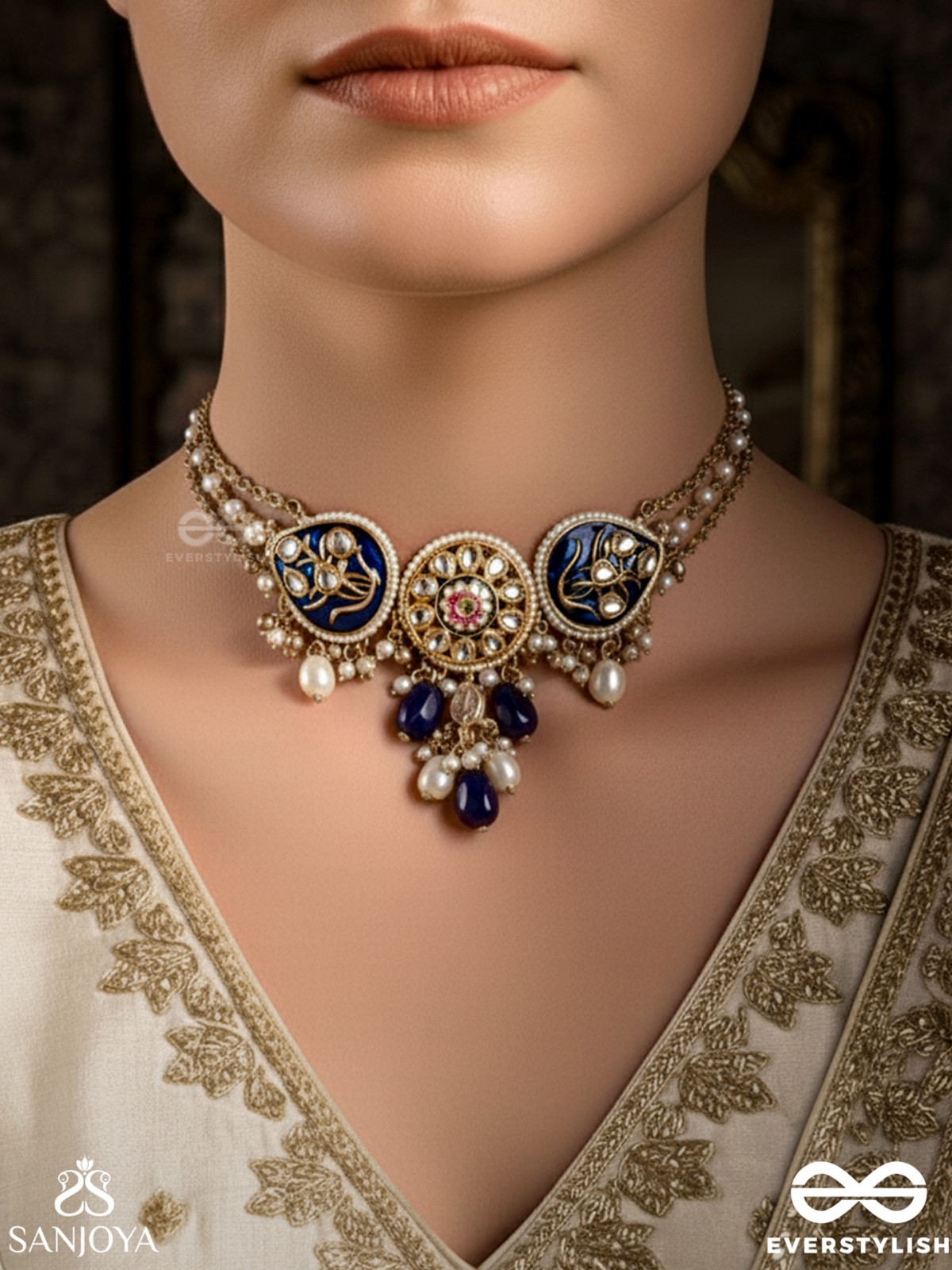 NILACHANDRIKA- MOONLIGHT OF THE BLUE SKY- KUNDAN NECKLACE WITH DEEP BLUE ENAMEL WORK WITH GOLDEN DETAILS, PEARLS, AND DAZZLING GEMS