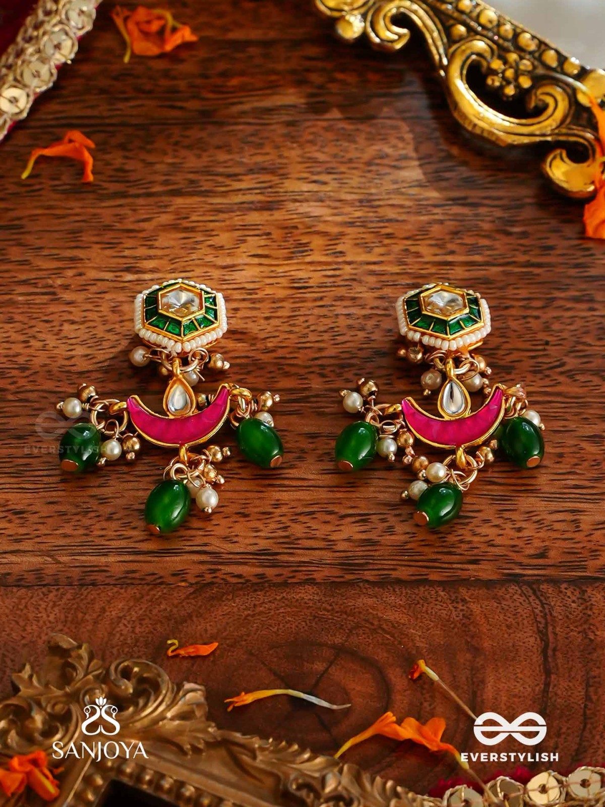 SHASHIRATNA- JEWEL OF THE MOON- KUNDAN EARRINGS INSPIRED BY THE MOON’S RADIANCE WITH PEARLS AND  GREEN DROPS