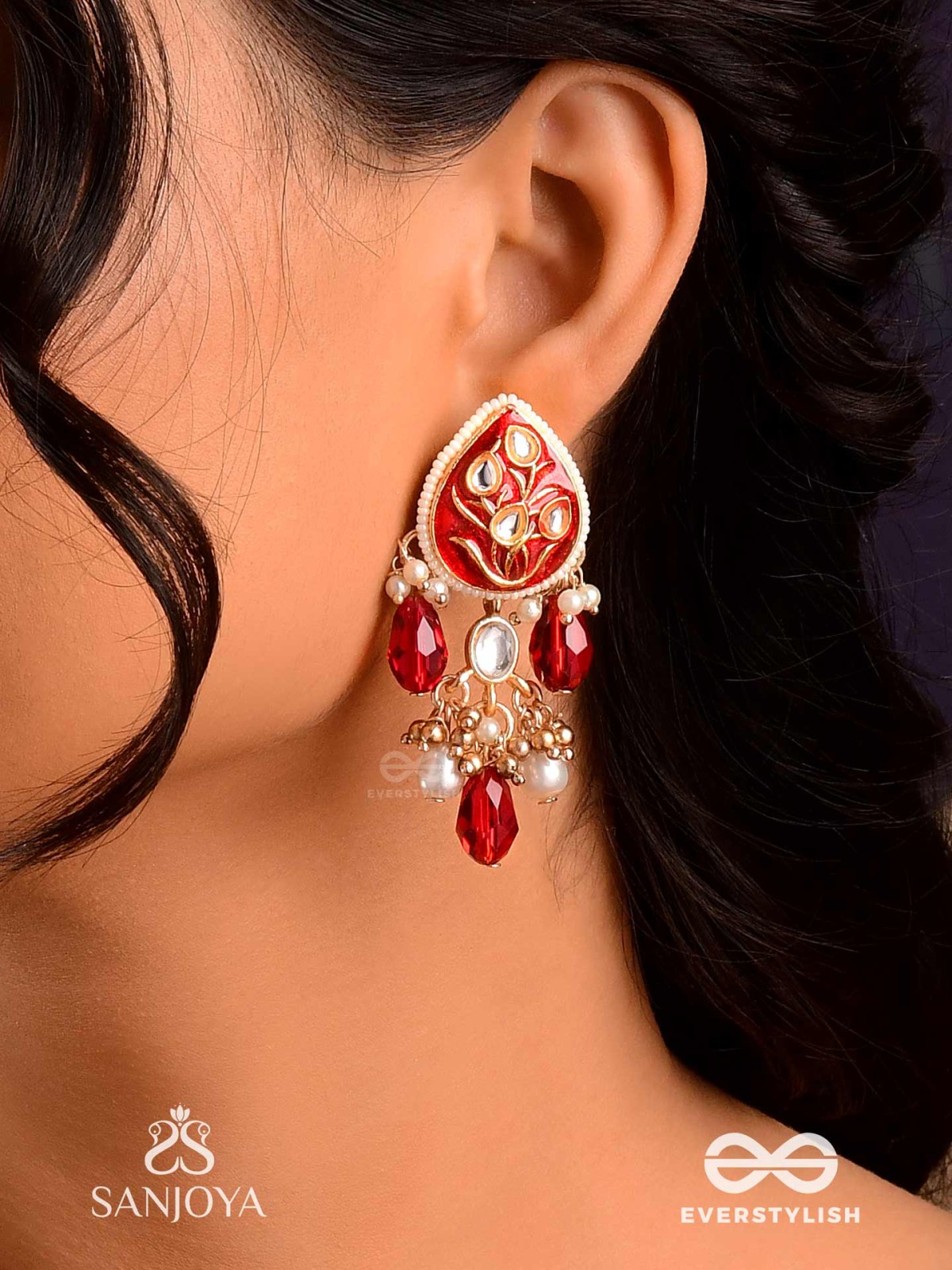 ARUNAMUKHI- FACE OF THE RED SUN- GLORIOUS KUNDAN EARRINGS WITH RED ENAMEL DETAILS AND PEARL EMBELLISHMENTS 