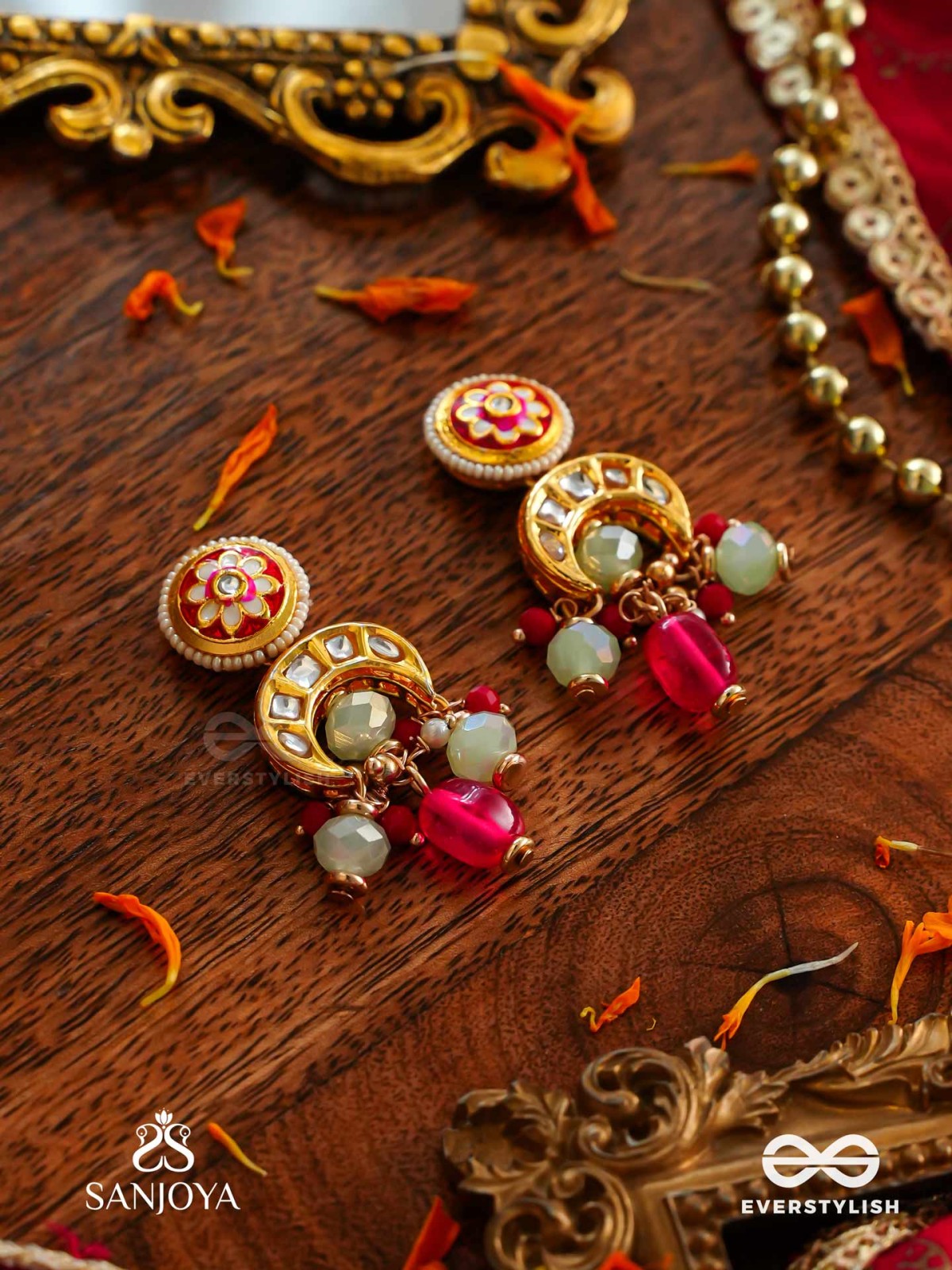 SHONAPRABHA- RADIANCE OF GOLD AND RED- HANDCRAFTED KUNDAN EARRINGS  WITH GOLDEN MOONS AND RED BEADS