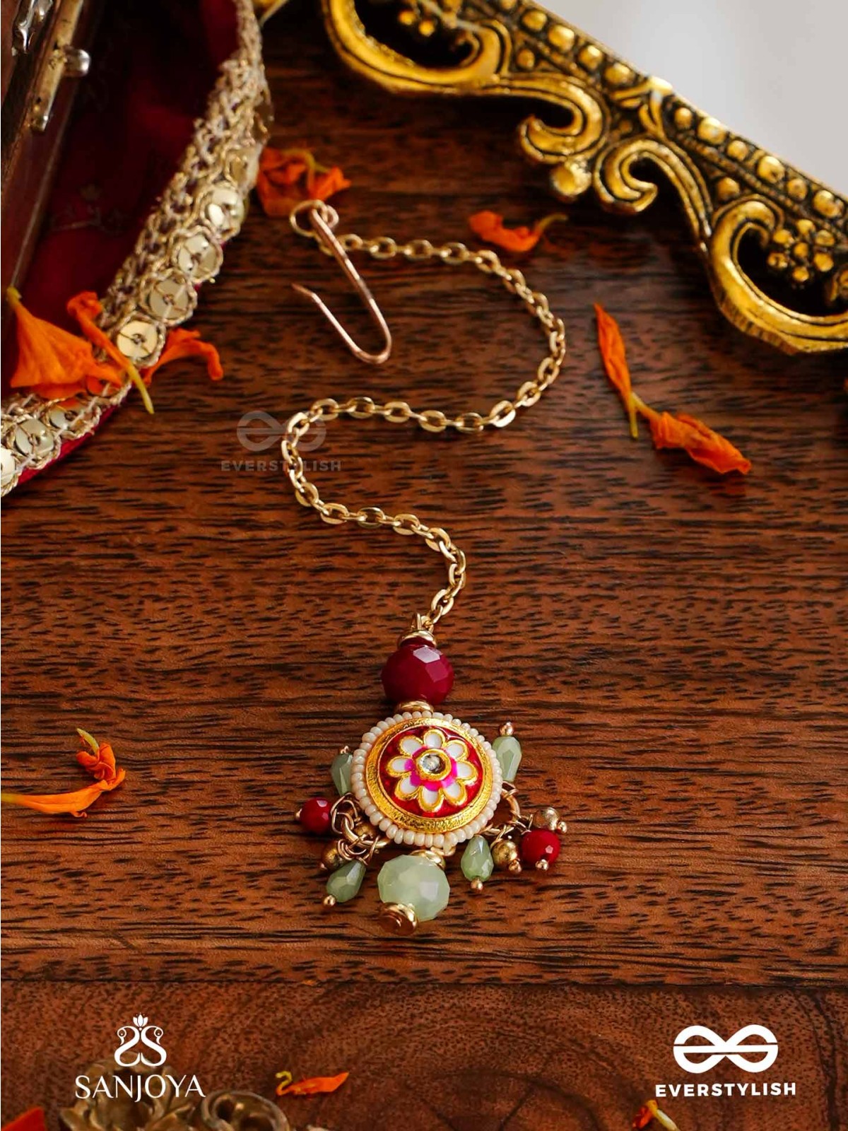 SHONAPRABHA- RADIANCE OF GOLD AND RED- HANDCRAFTED KUNDANMAANGTIKA  WITH GOLDEN MOONS AND RED BEADS