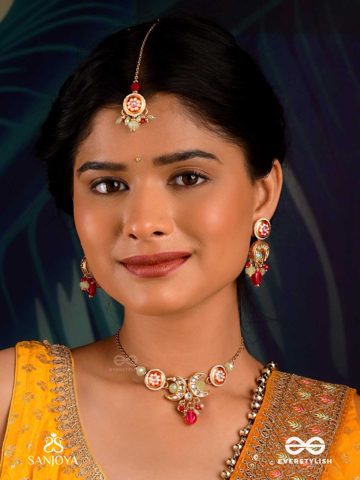 SHONAPRABHA- RADIANCE OF GOLD AND RED - HANDMADE KUNDAN SET WITH NECKLACE, EARRINGS AND MAANGTIKA