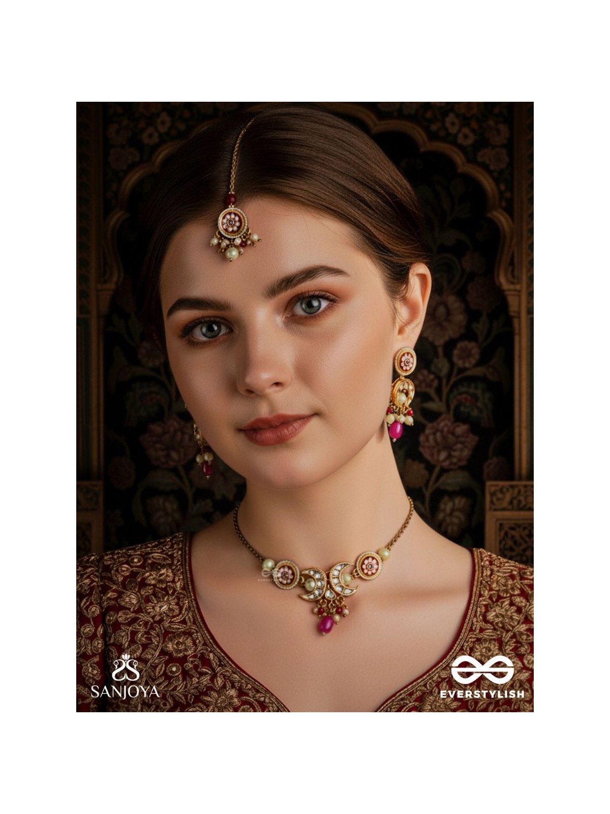 SHONAPRABHA- RADIANCE OF GOLD AND RED - HANDMADE KUNDAN SET WITH NECKLACE, EARRINGS AND MAANGTIKA