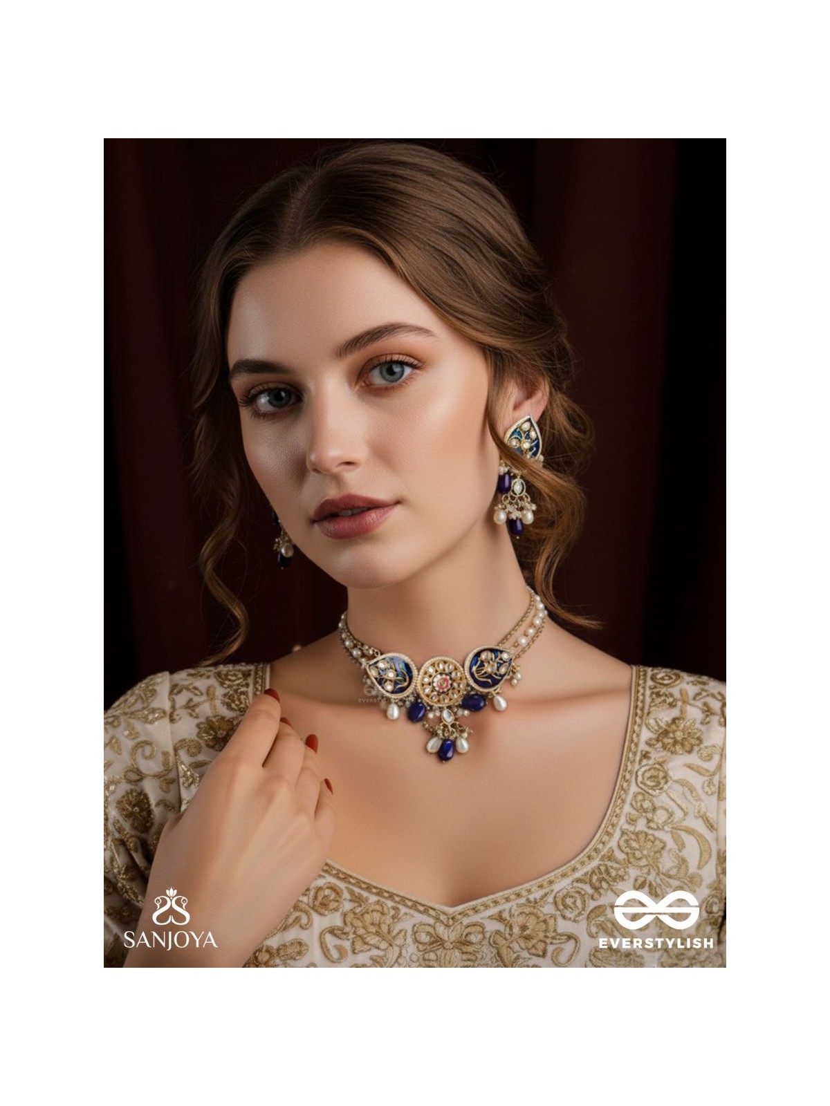 NILACHANDRIKA- MOONLIGHT OF THE BLUE SKY -HANDMADE KUNDAN SET WITH NECKLACE AND EARRINGS 