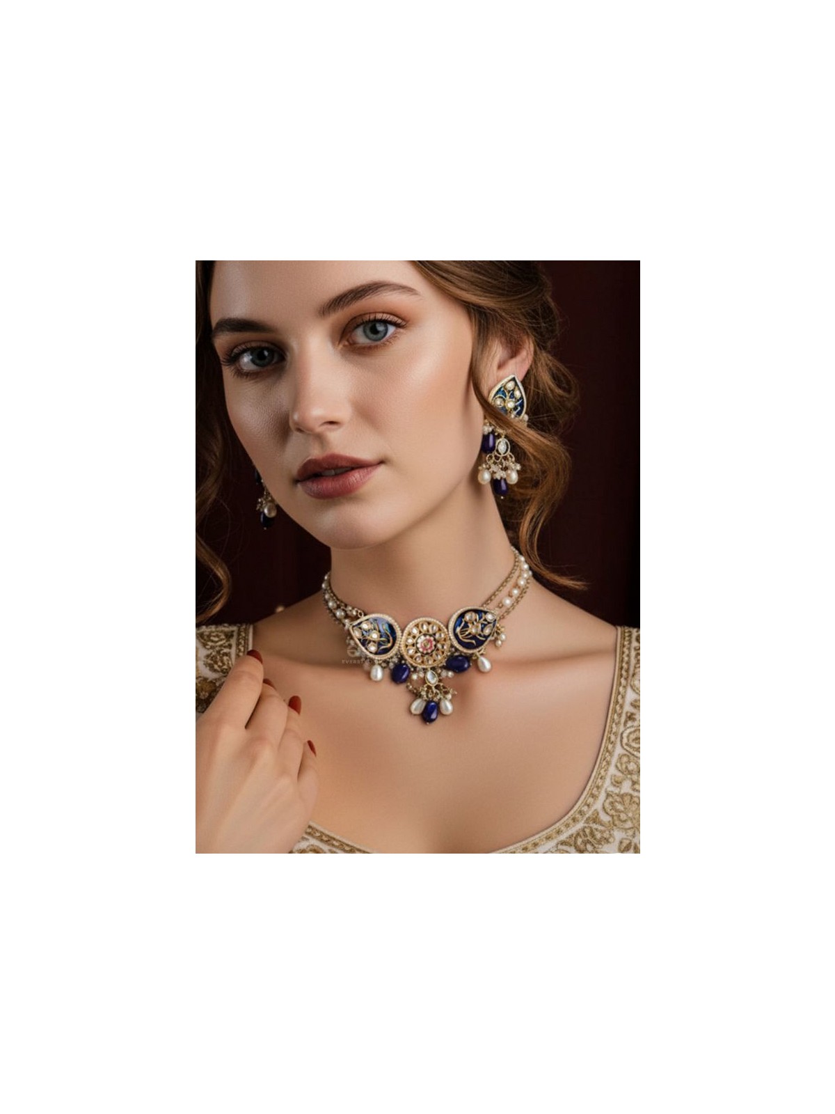 NILACHANDRIKA- MOONLIGHT OF THE BLUE SKY -HANDMADE KUNDAN SET WITH NECKLACE AND EARRINGS 