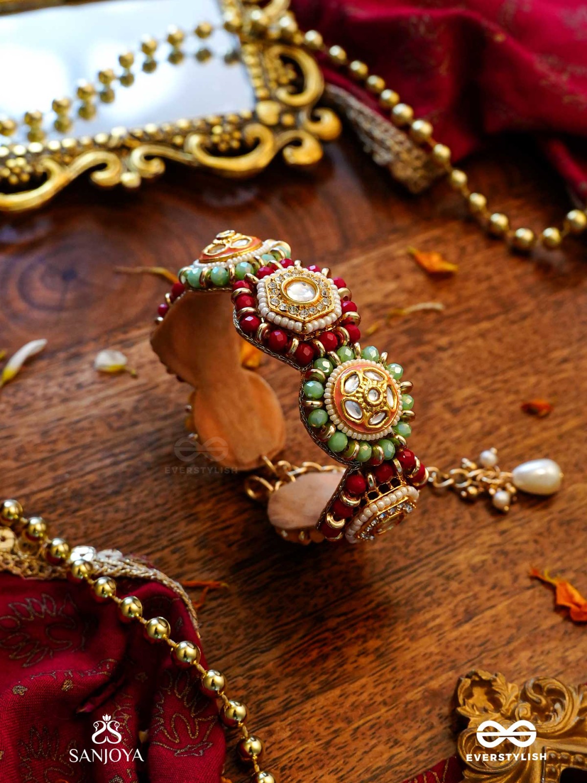 VIBHAVARI - NIGHT FULL OF SPLENDOR - MULTI-COLOR ENAMELLED KUNDAN BRACELET WITH PEARLS AND BEADS