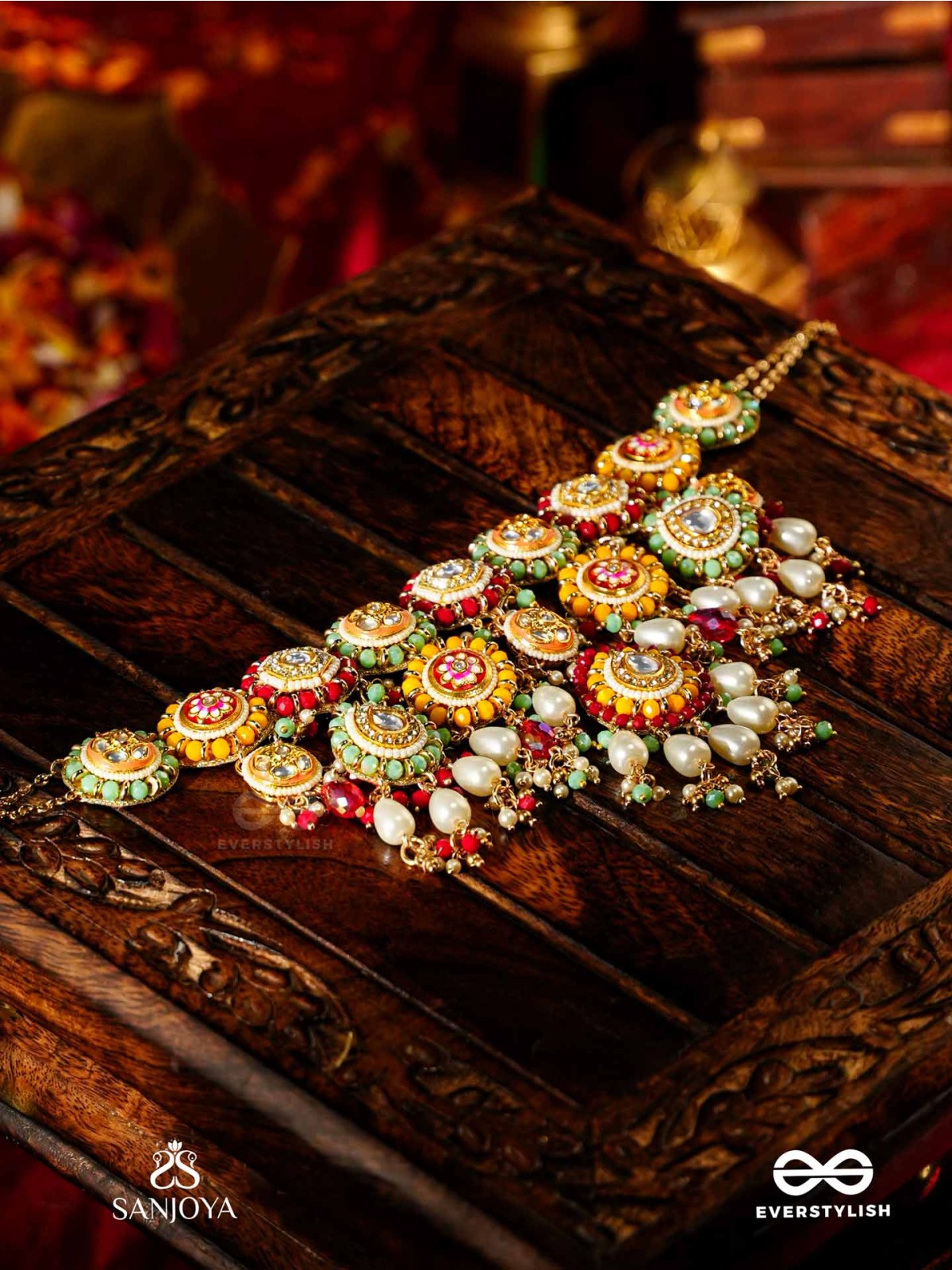 VIBHAVARI - NIGHT FULL OF SPLENDOR - MULTI-COLOR ENAMELLED KUNDAN NECKLACE WITH PEARLS AND BEADS