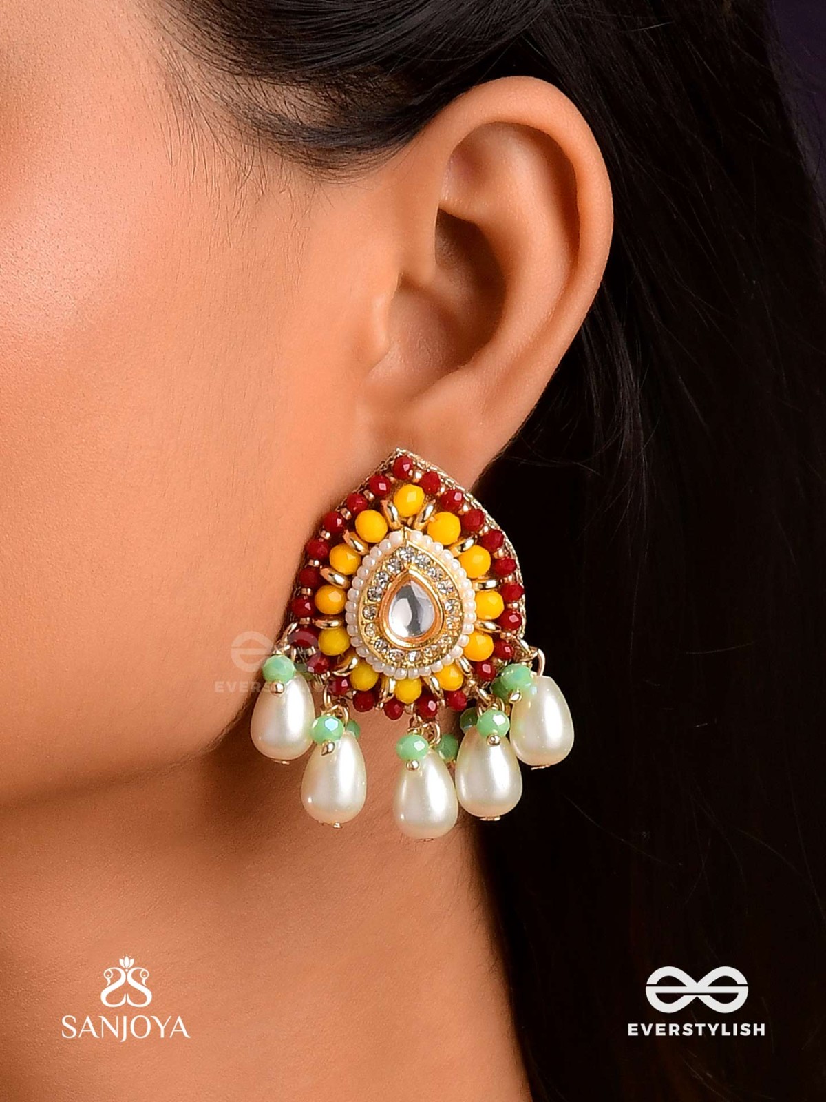 VIBHAVARI - NIGHT FULL OF SPLENDOR - MULTI-COLOR ENAMELLED KUNDAN EARRINGS WITH PEARLS AND BEADS