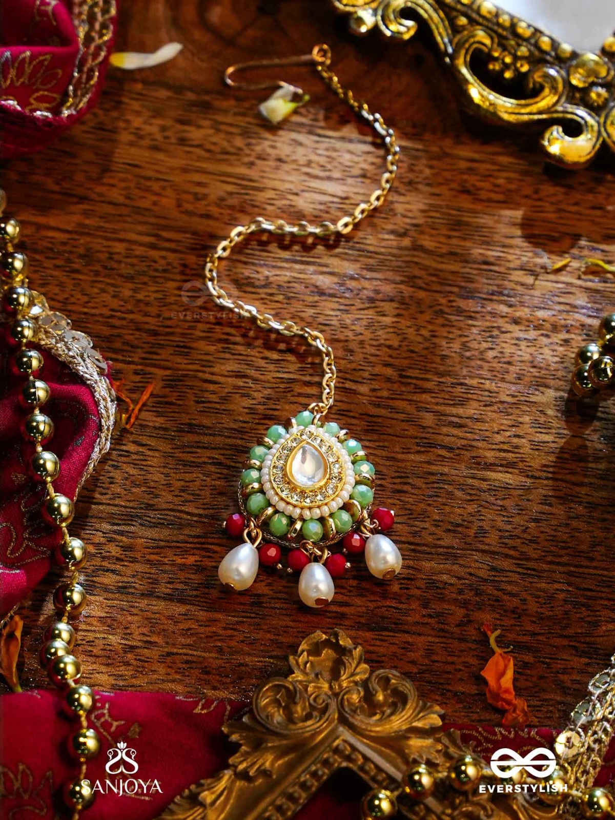VIBHAVARI - NIGHT FULL OF SPLENDOR - MULTI-COLOR ENAMELLED KUNDAN MAANGTIKA WITH PEARLS AND BEADS
