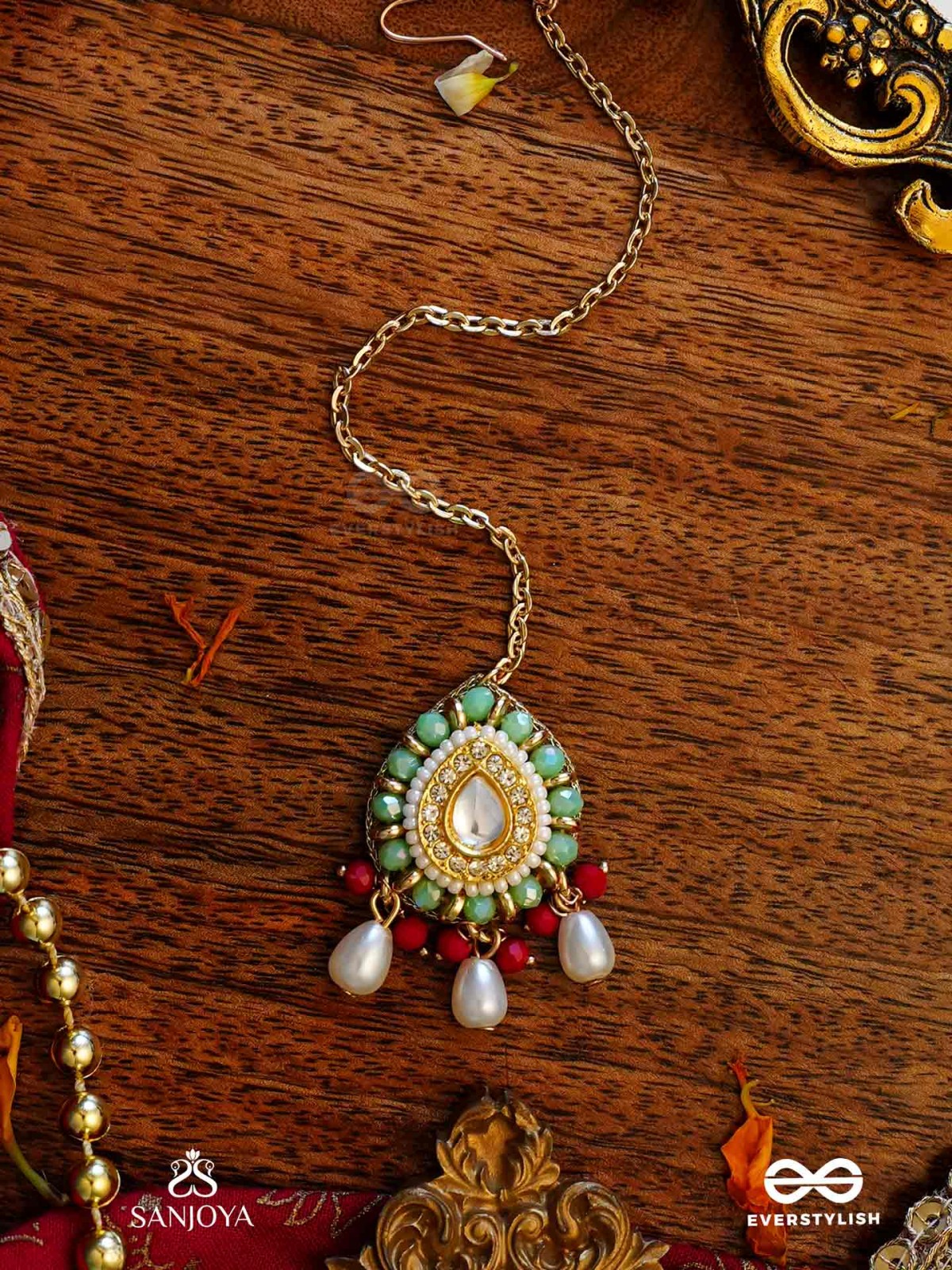 VIBHAVARI - NIGHT FULL OF SPLENDOR - MULTI-COLOR ENAMELLED KUNDAN MAANGTIKA WITH PEARLS AND BEADS