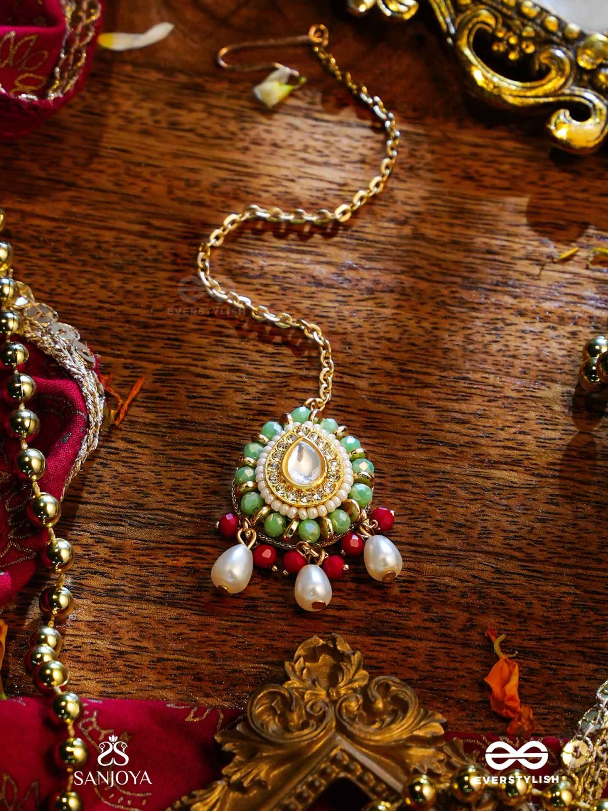 VIBHAVARI - NIGHT FULL OF SPLENDOR - MULTI-COLOR ENAMELLED KUNDAN MAANGTIKA WITH PEARLS AND BEADS
